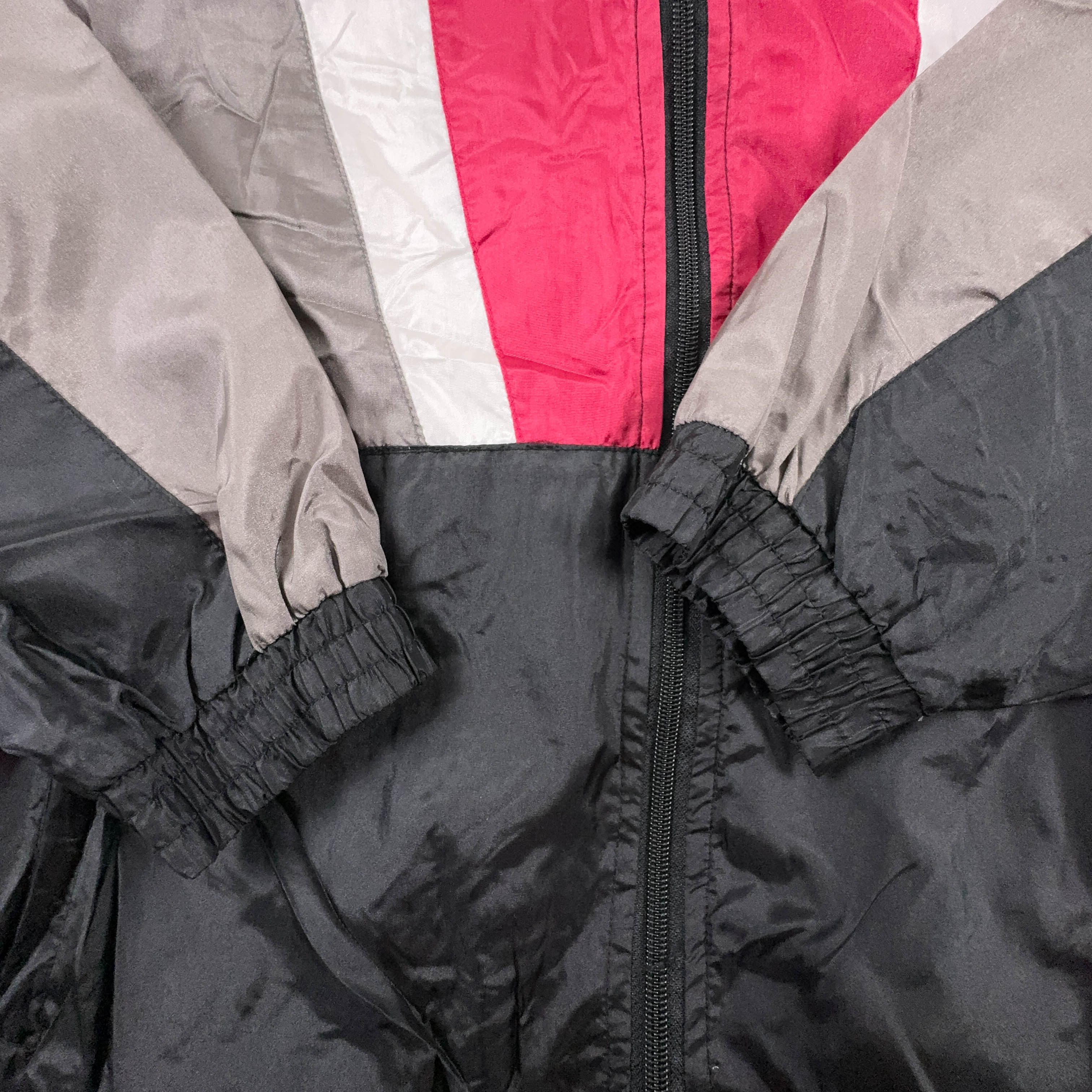 Giacca a vento Vintage nera e grigia geometrica con zip - Taglia L/XL uomo