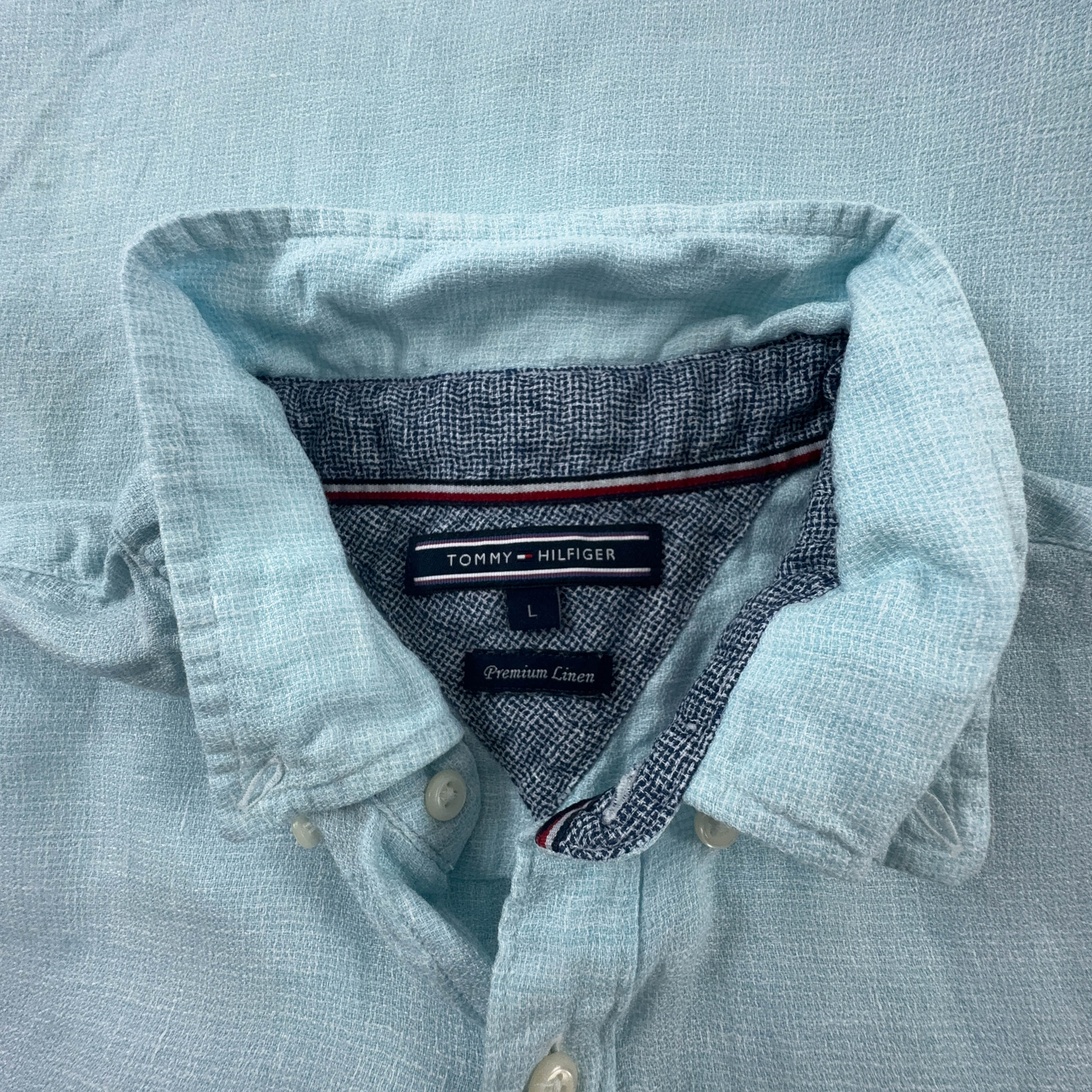 Camicia Tommy Hilfiger azzurra a tinta unita 100% lino - Taglia M/L uomo