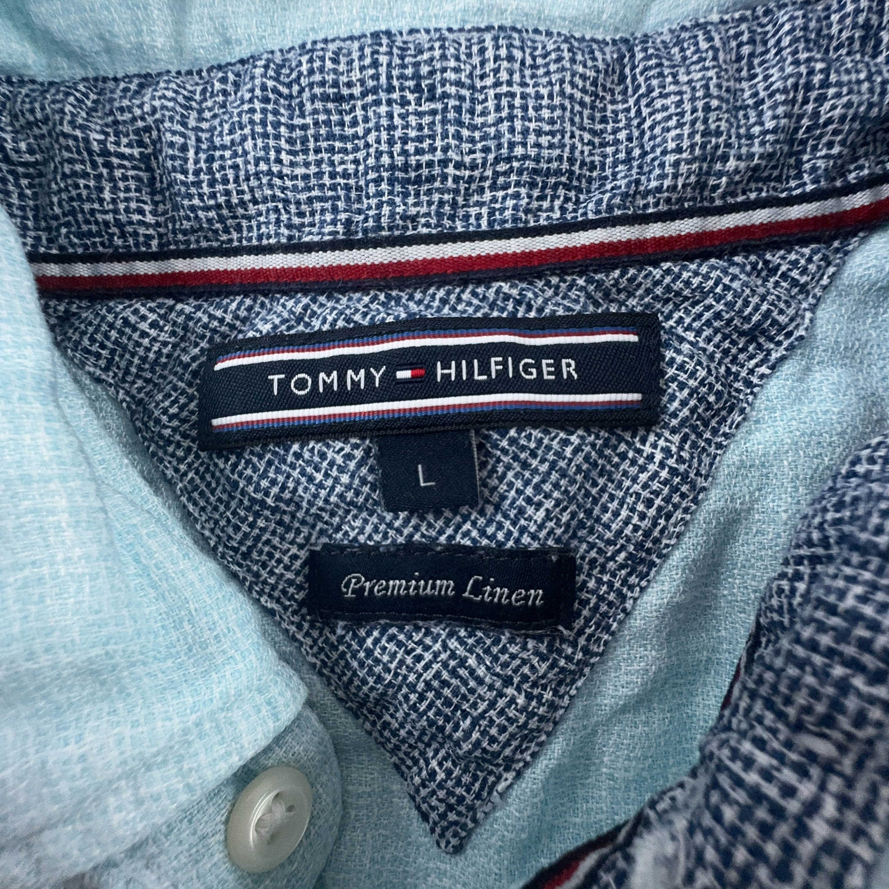 Camicia Tommy Hilfiger azzurra a tinta unita 100% lino - Taglia M/L uomo