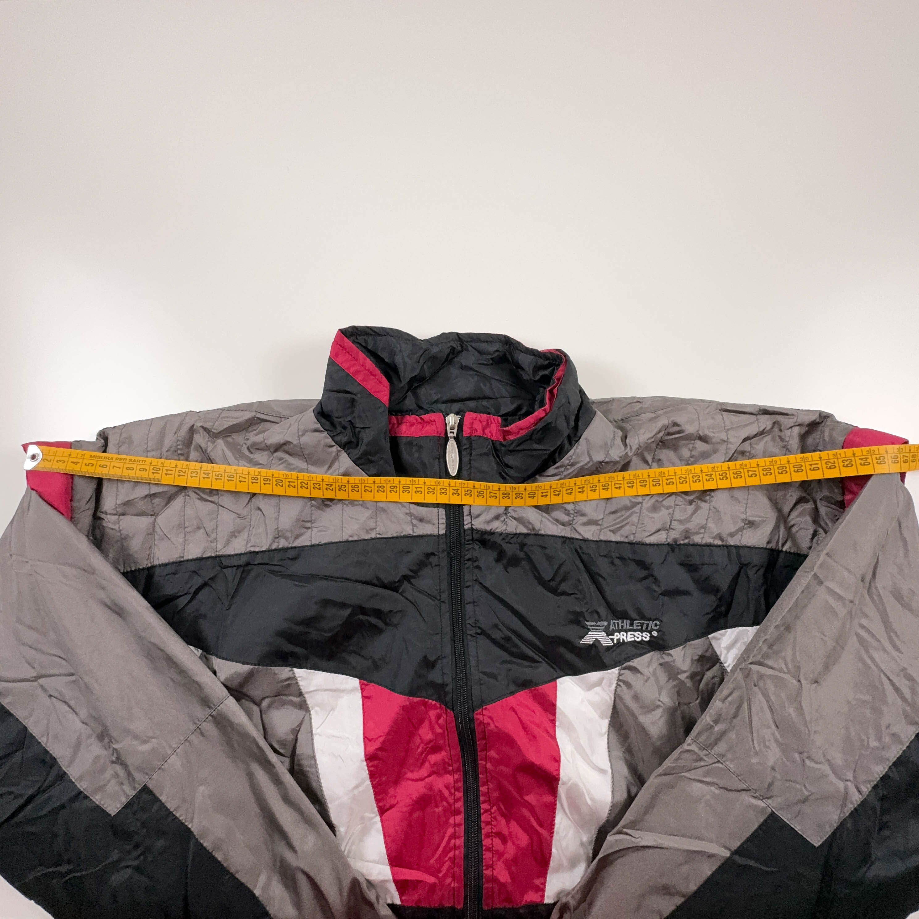 Giacca a vento Vintage nera e grigia geometrica con zip - Taglia L/XL uomo