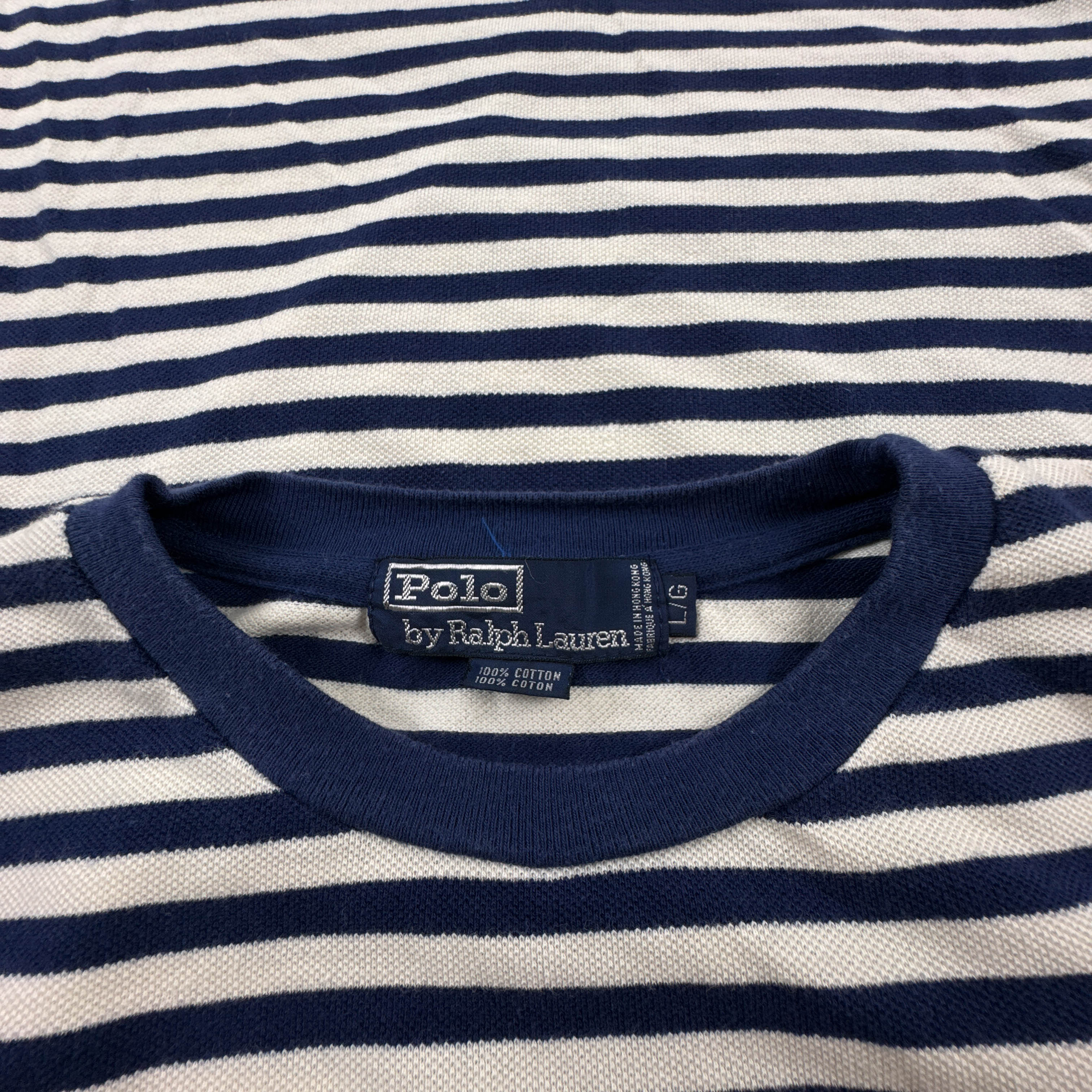 T shirt Ralph Lauren bianca e blu a righe a girocollo in cotone - Taglia L uomo