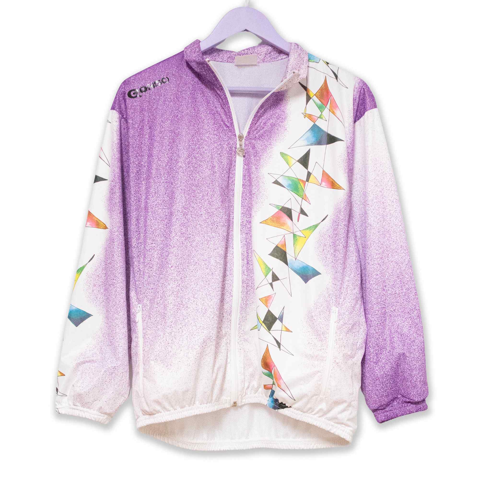 Giacca a vento Vintage viola e bianca a fantasia astratta anni 80 90 - Taglia S uomo