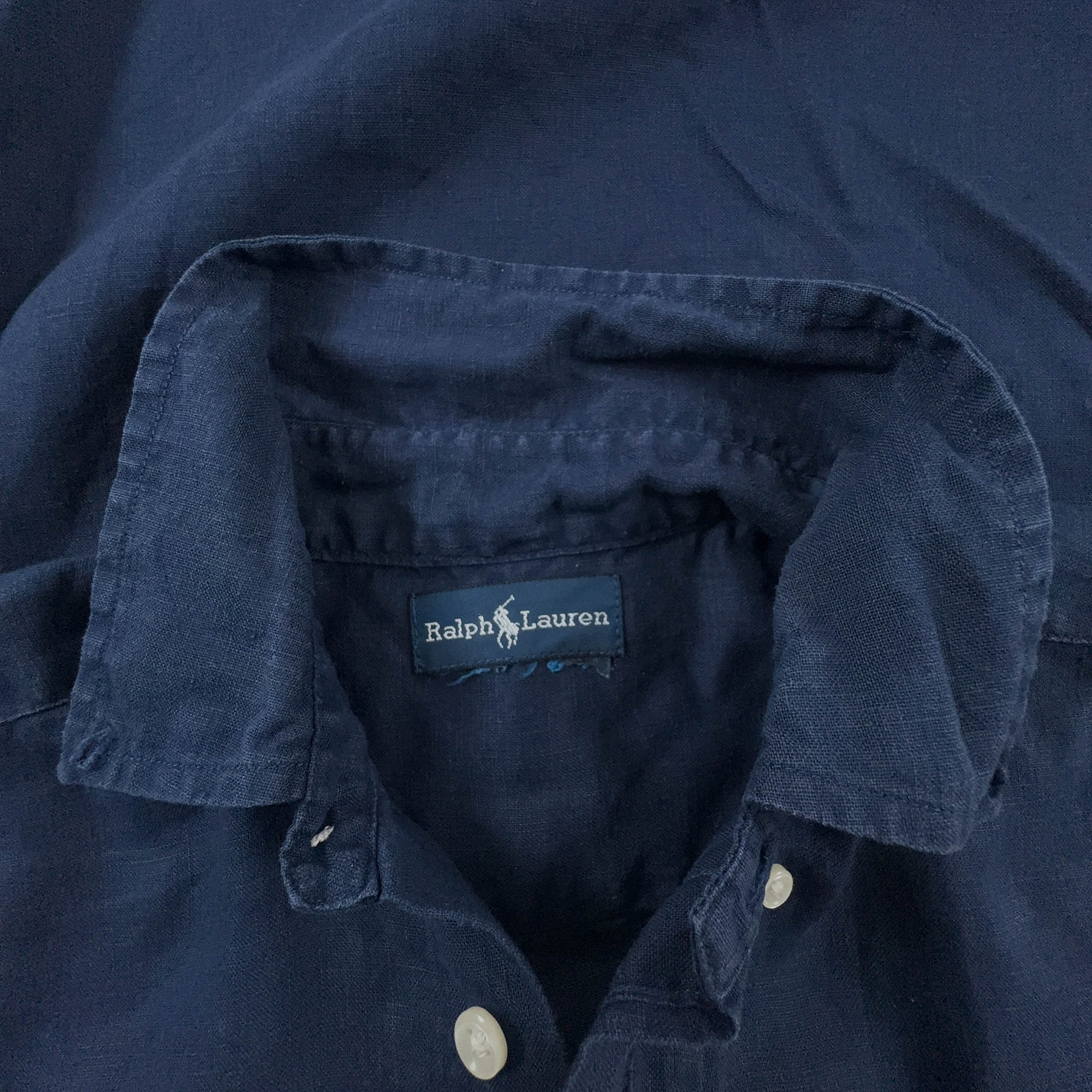 Camicia Ralph Lauren blu scura a tinta unita 100% lino - Taglia XS uomo