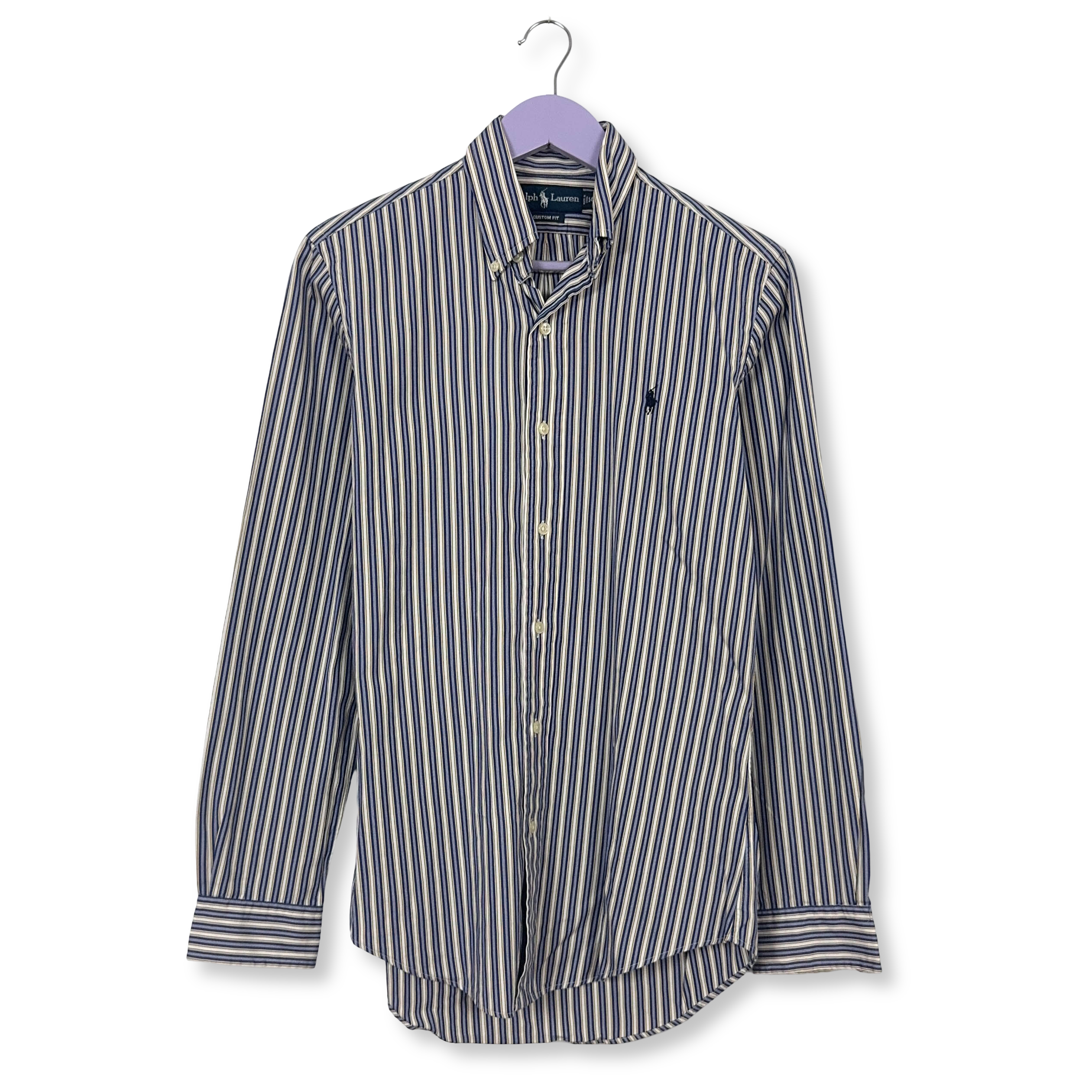 Camicia Ralph Lauren a righe bianca ed azzurra in cotone custom fit - Taglia 14 1/2 uomo