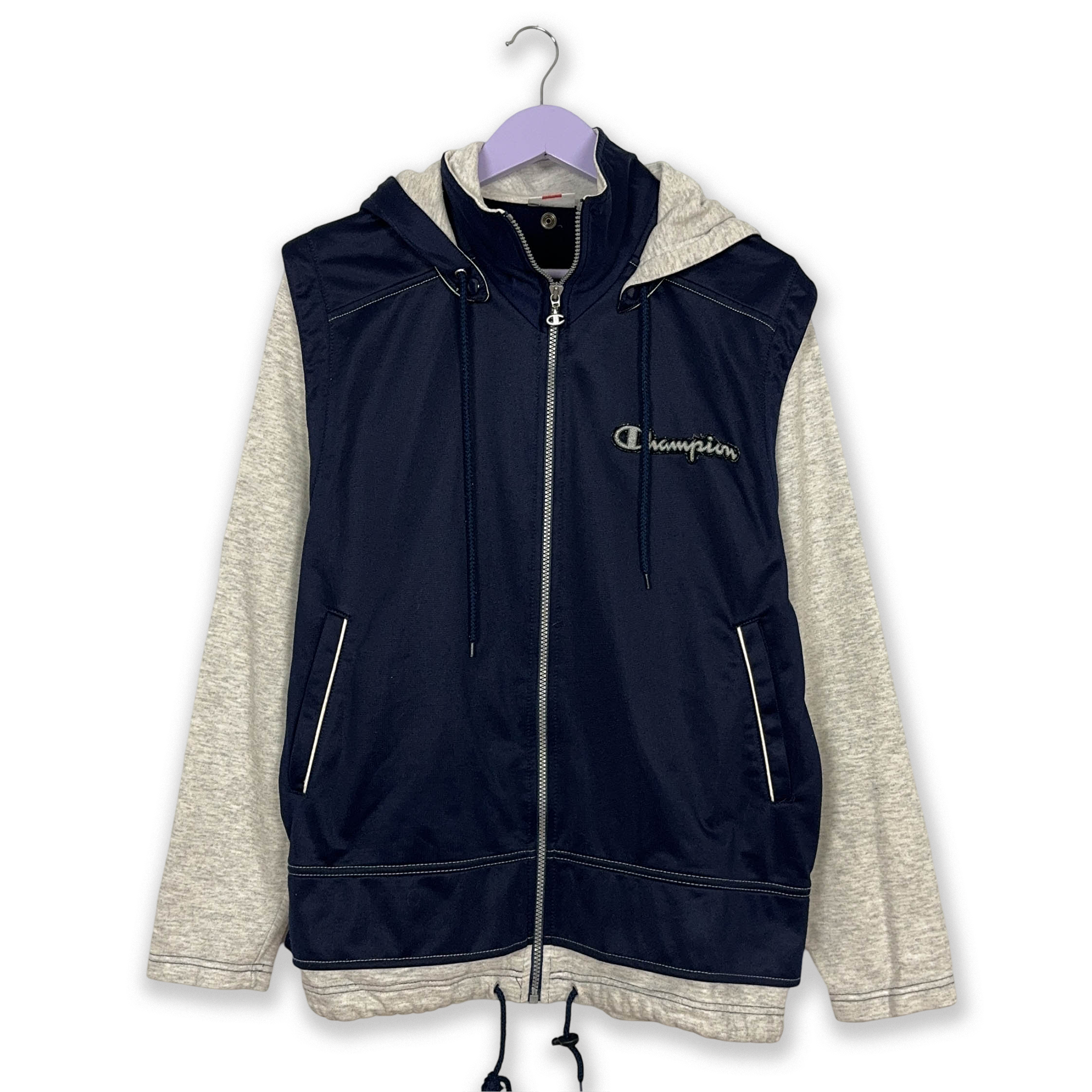 Felpa Champion Vintage blu scuro e grigio con zip e cappuccio anni 90 - Taglia S/M uomo