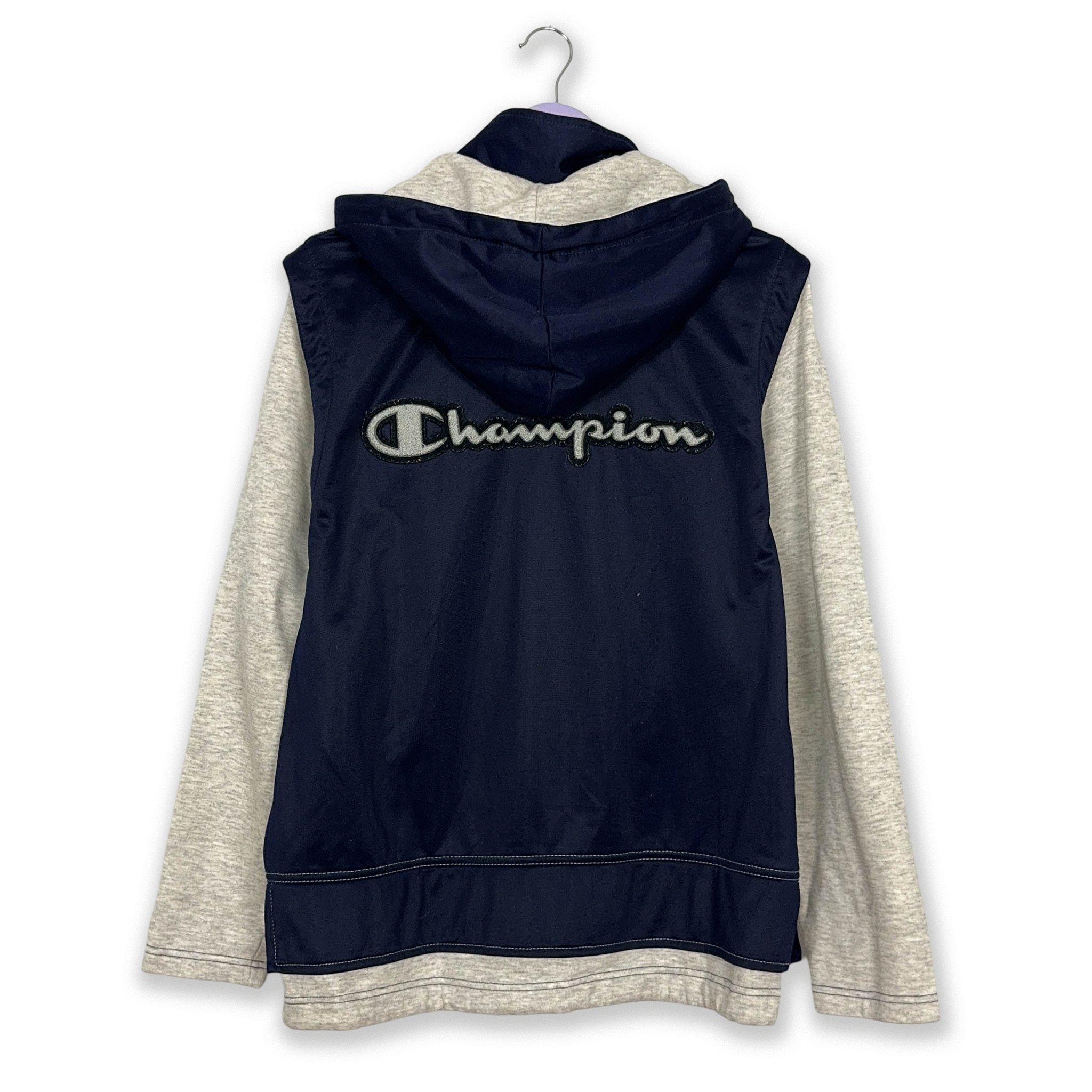 Felpa Champion Vintage blu scuro e grigio con zip e cappuccio anni 90 - Taglia S/M uomo