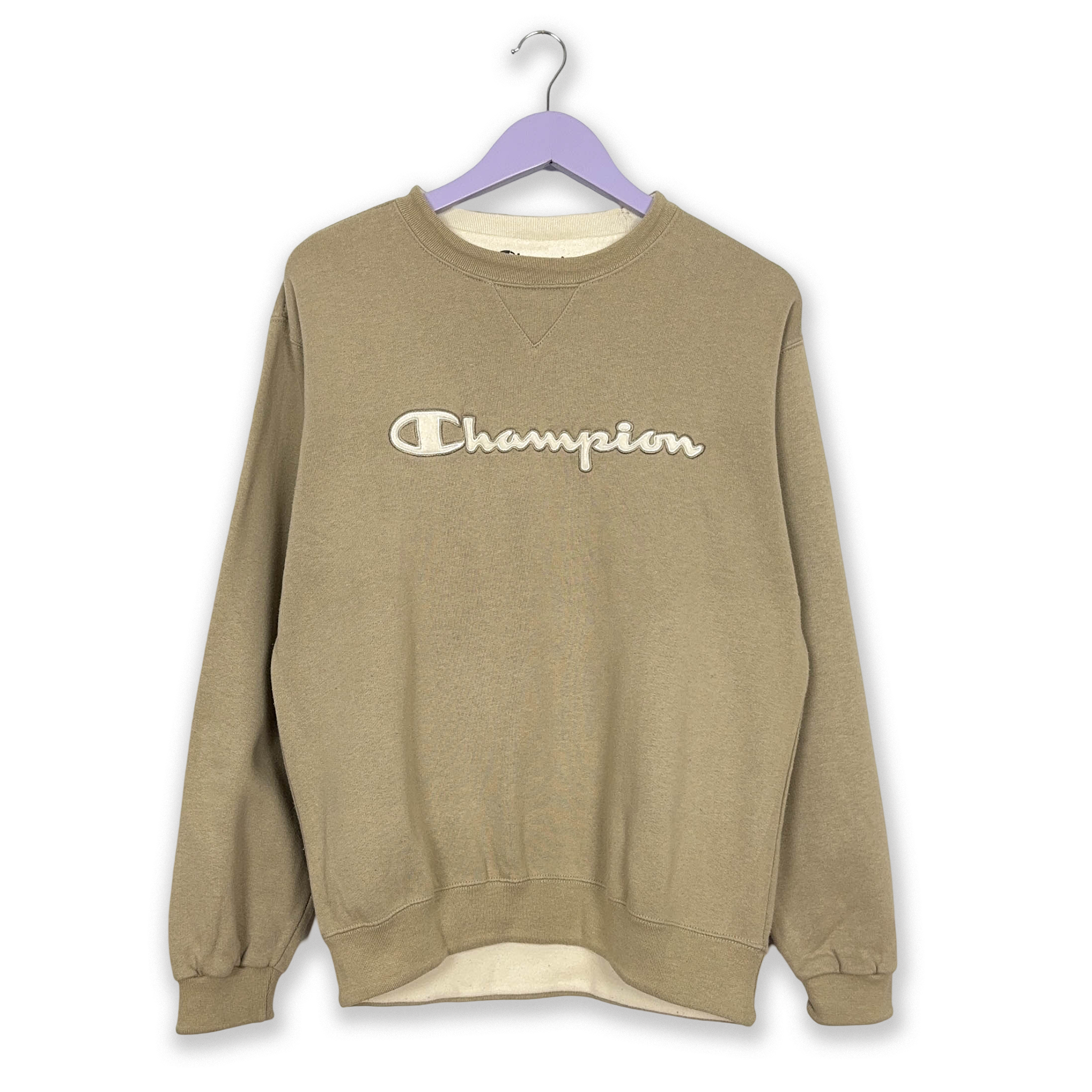 Felpa Champion Vintage beige a girocollo anni 2000 con ricamo - Taglia S/M uomo