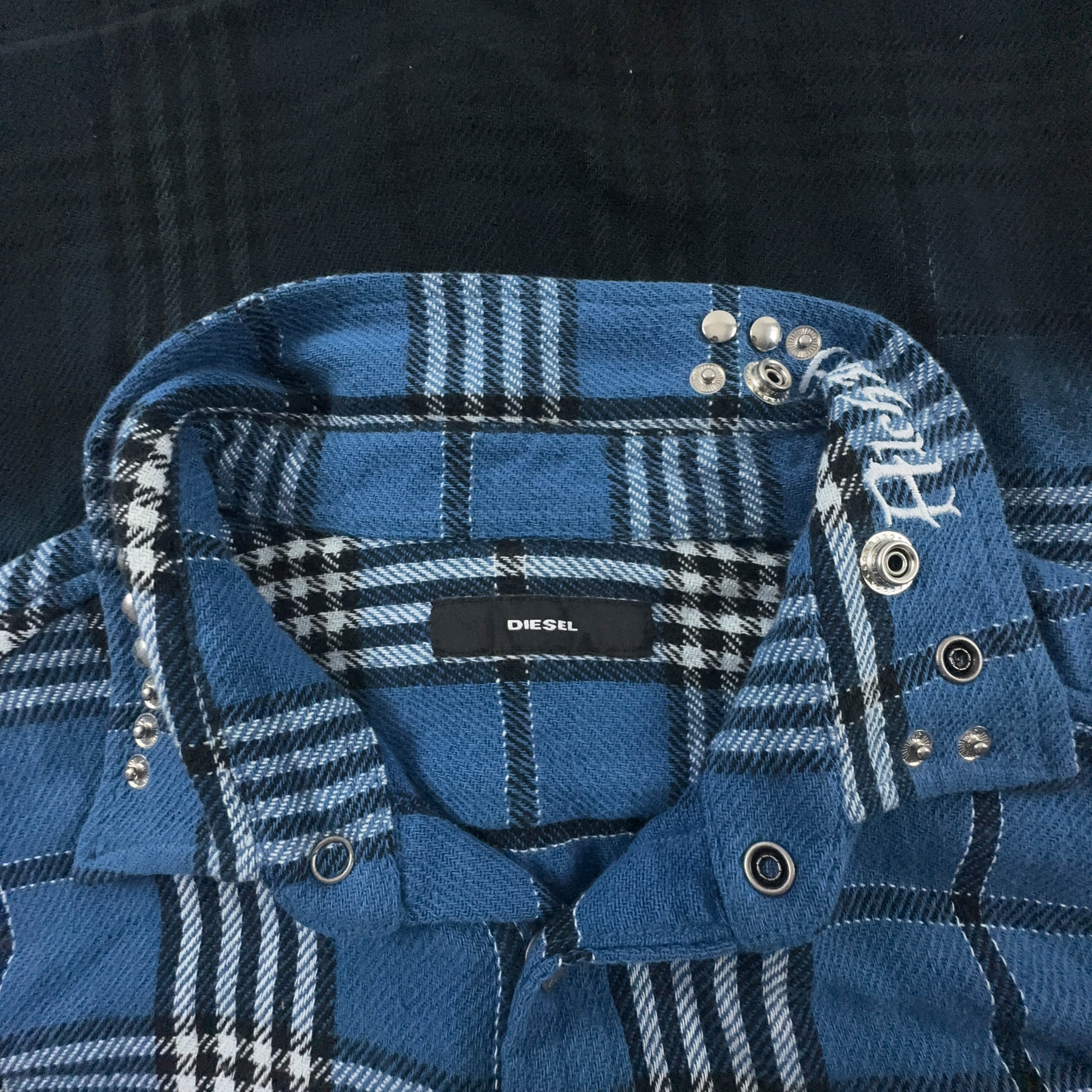 Camicia Diesel a quadri blu gialla e nera invernale con ricami - Taglia L uomo