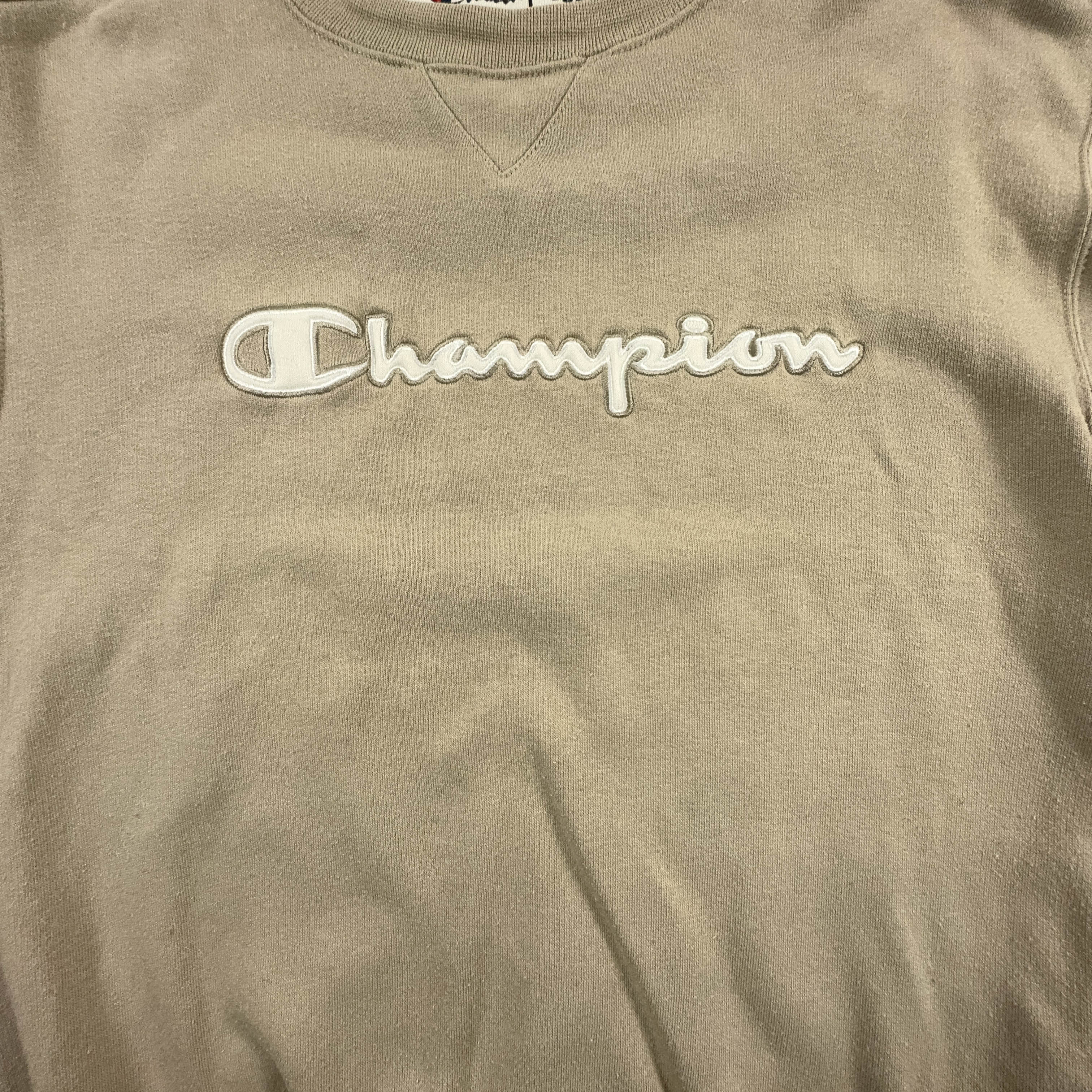 Felpa Champion Vintage beige a girocollo anni 2000 con ricamo - Taglia S/M uomo