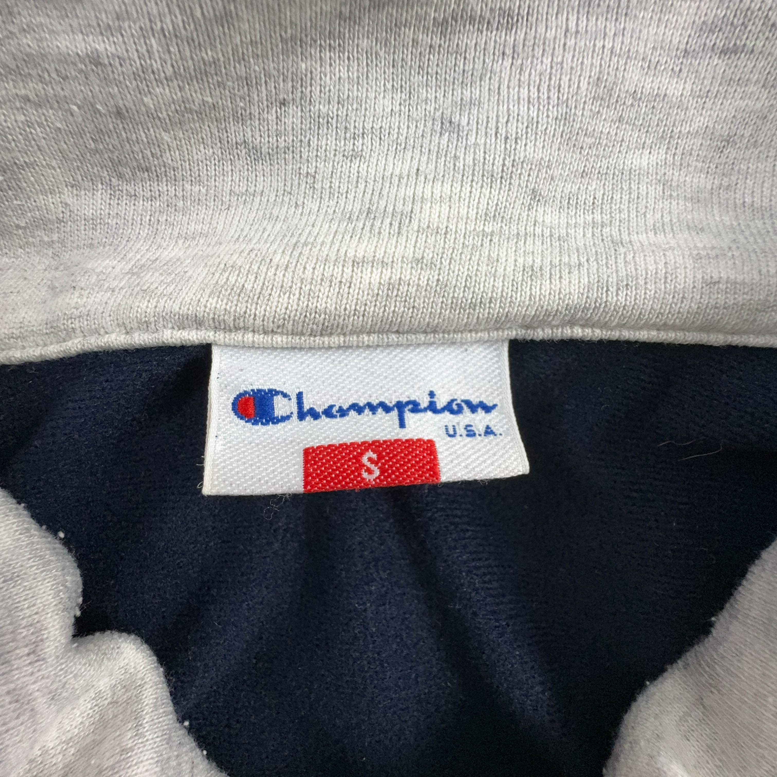Felpa Champion Vintage blu scuro e grigio con zip e cappuccio anni 90 - Taglia S/M uomo