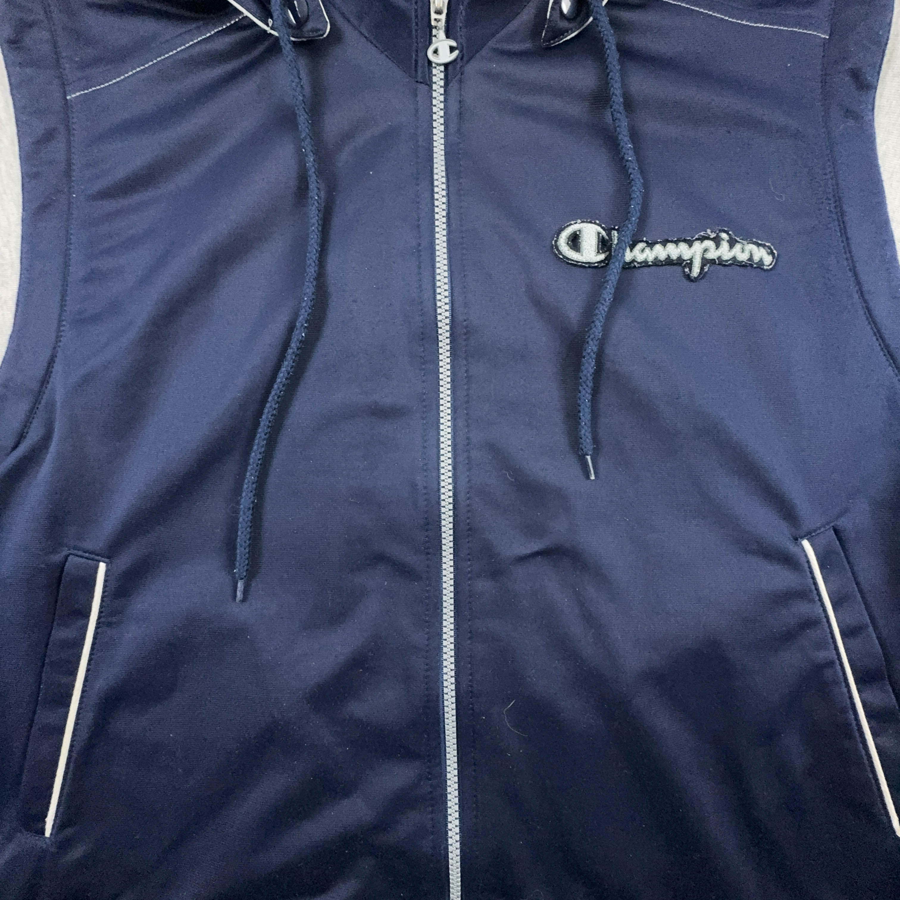 Felpa Champion Vintage blu scuro e grigio con zip e cappuccio anni 90 - Taglia S/M uomo