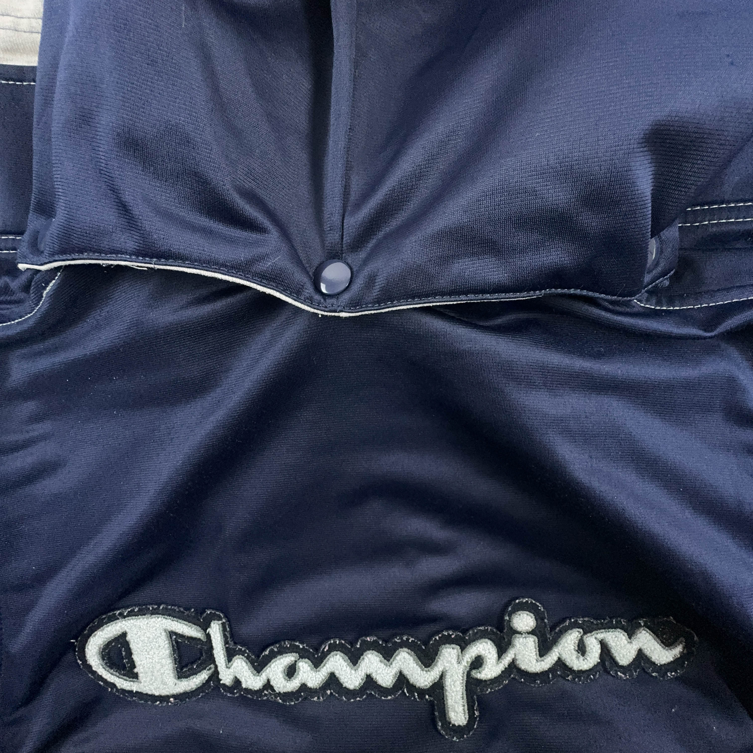 Felpa Champion Vintage blu scuro e grigio con zip e cappuccio anni 90 - Taglia S/M uomo
