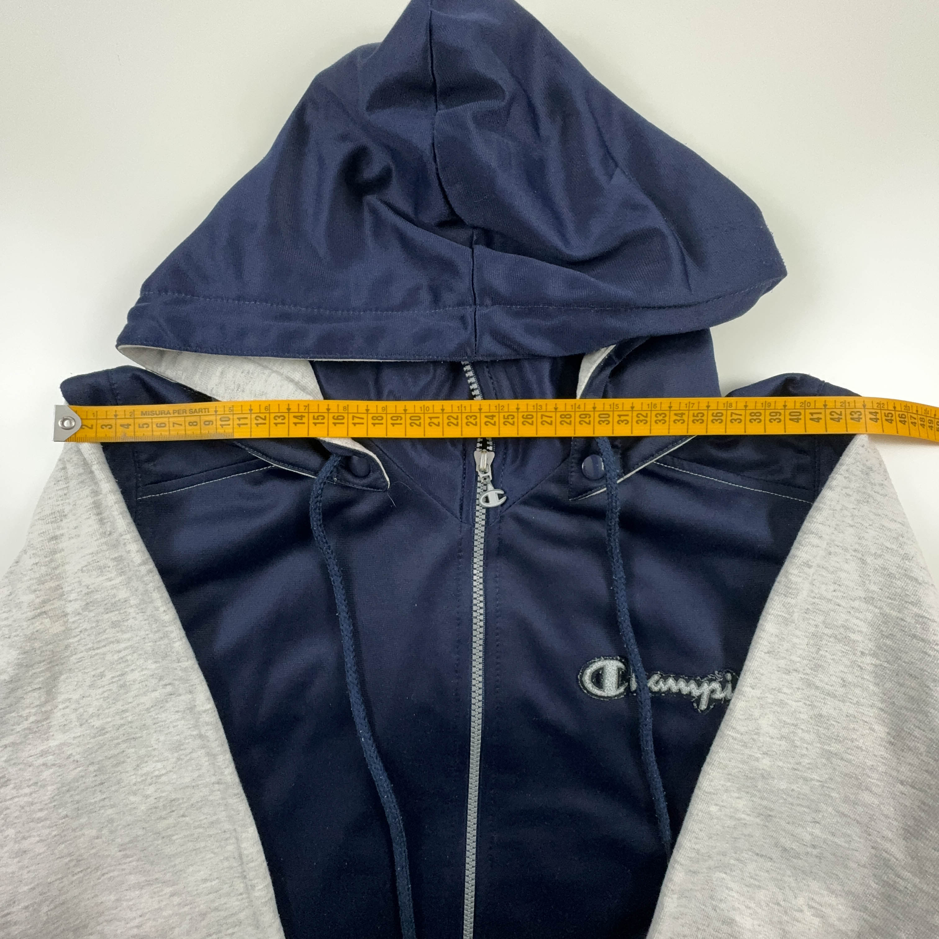 Felpa Champion Vintage blu scuro e grigio con zip e cappuccio anni 90 - Taglia S/M uomo