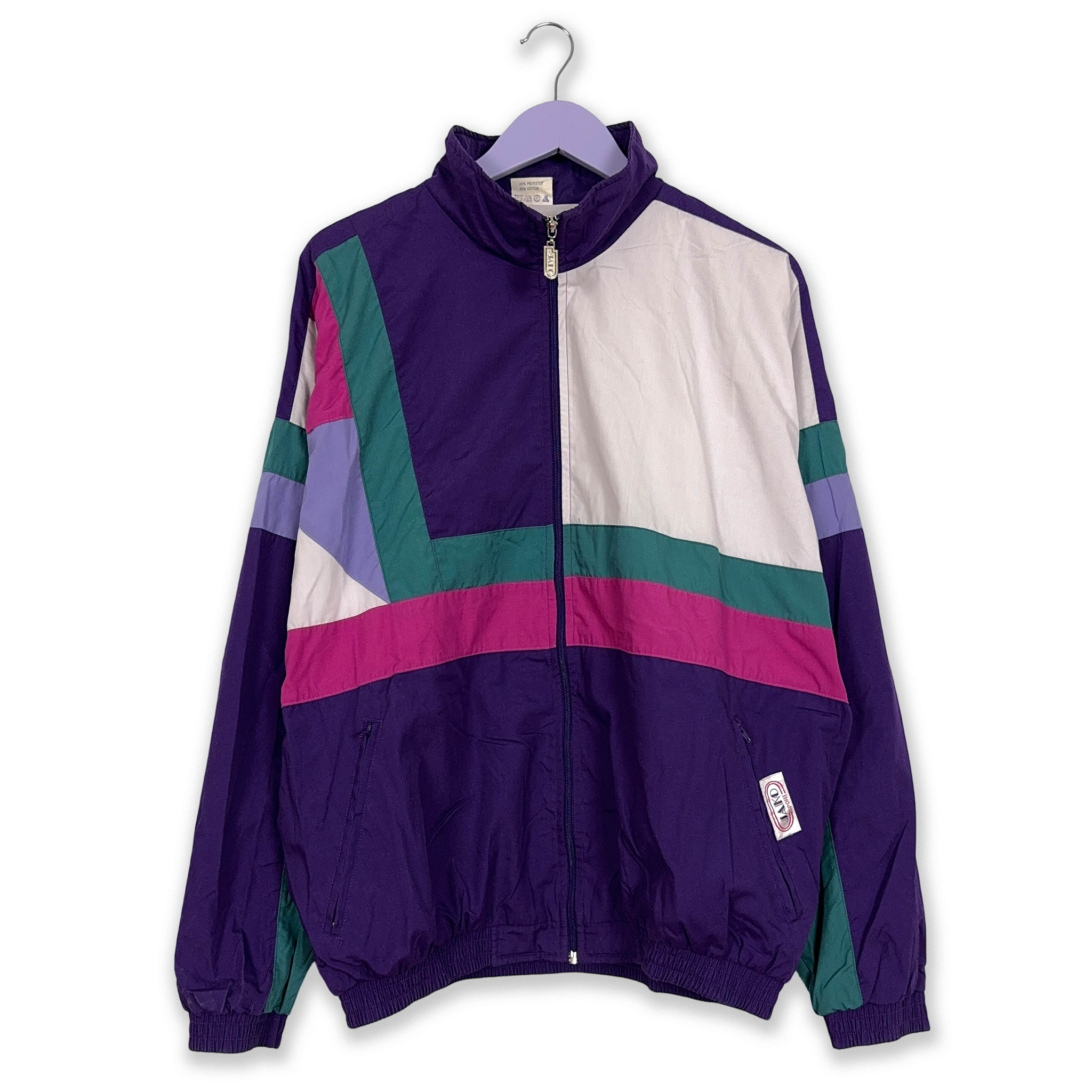 Giacca a vento Vintage viola a fantasia geometrica con zip anni 80 - Taglia XL uomo