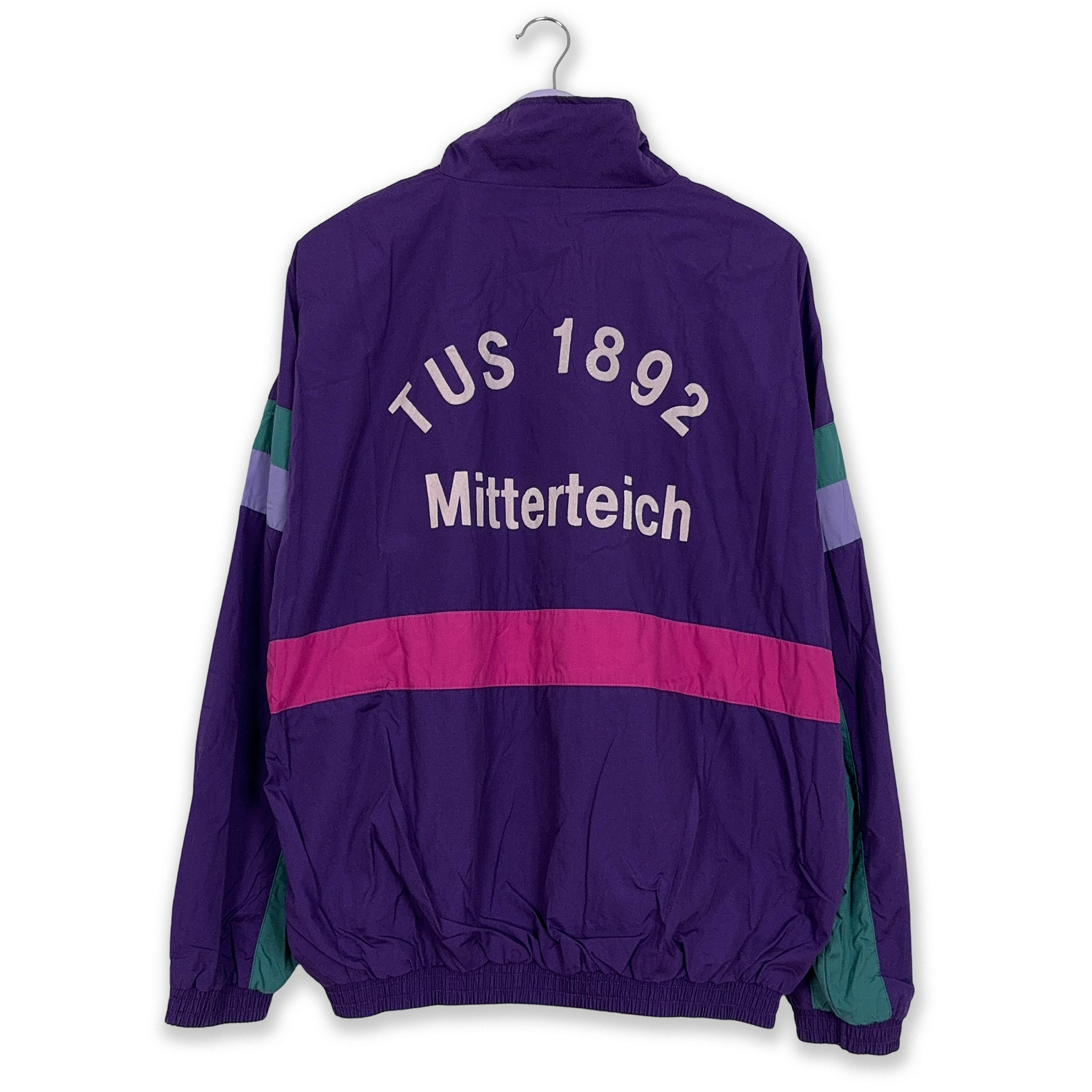 Giacca a vento Vintage viola a fantasia geometrica con zip anni 80 - Taglia XL uomo