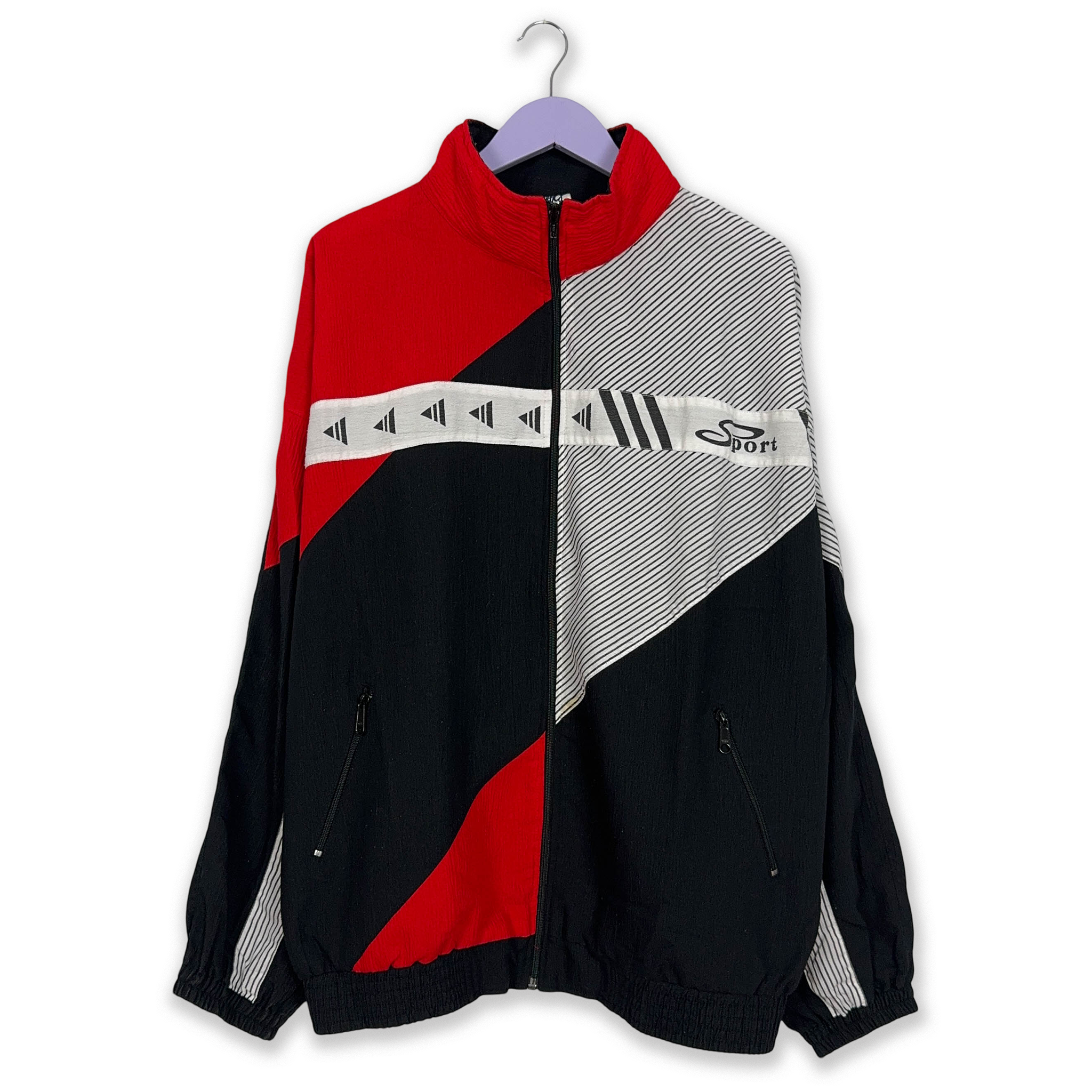 Giacca a vento Vintage nera e rossa geometrica con zip anni 90 - Taglia XL/XXL uomo