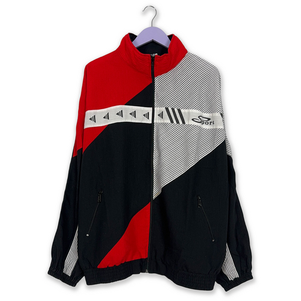 Vintage Black and Red Geometric 90's Zip Up Windbreaker Jacket - Size XL/XXL Men