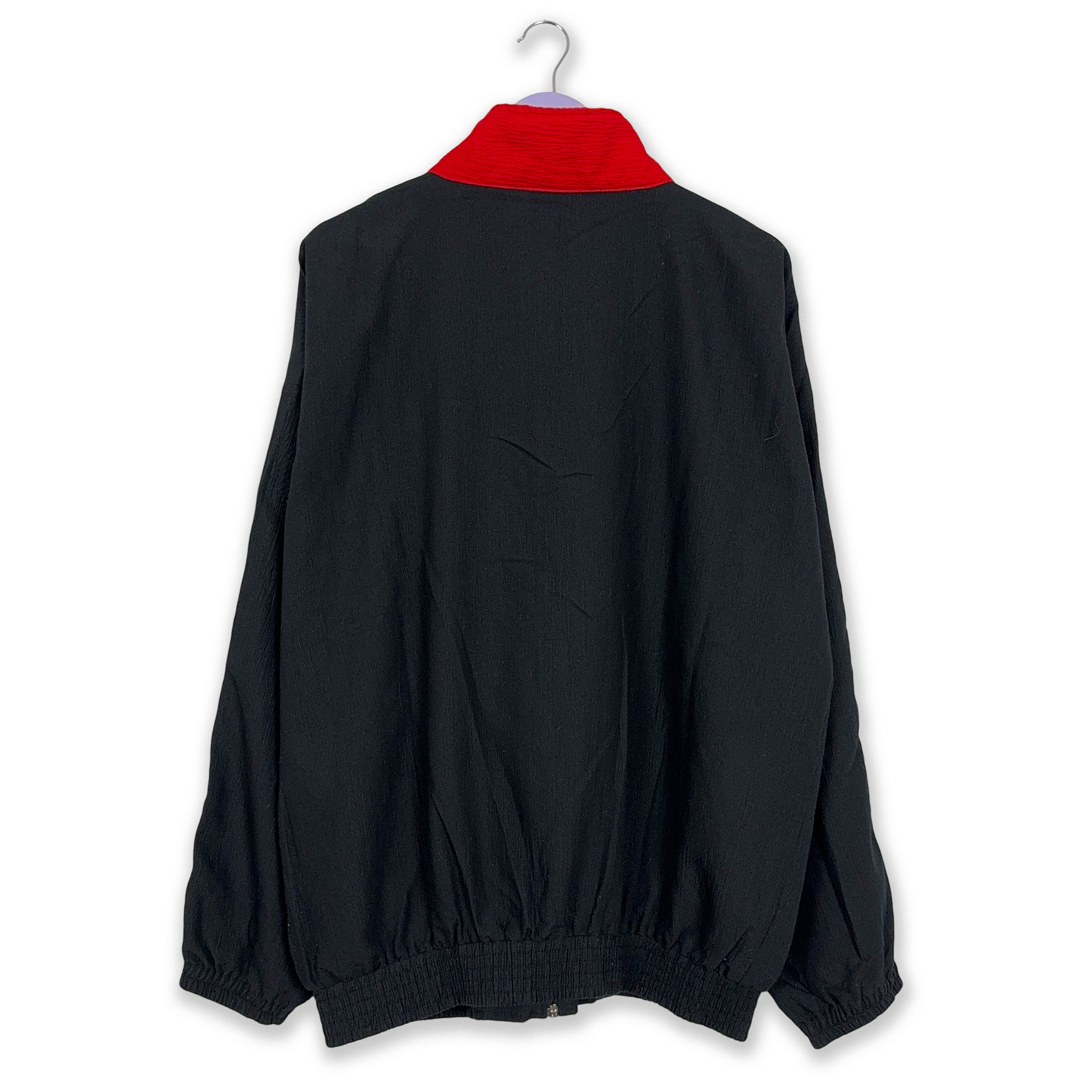 Giacca a vento Vintage nera e rossa geometrica con zip anni 90 - Taglia XL/XXL uomo