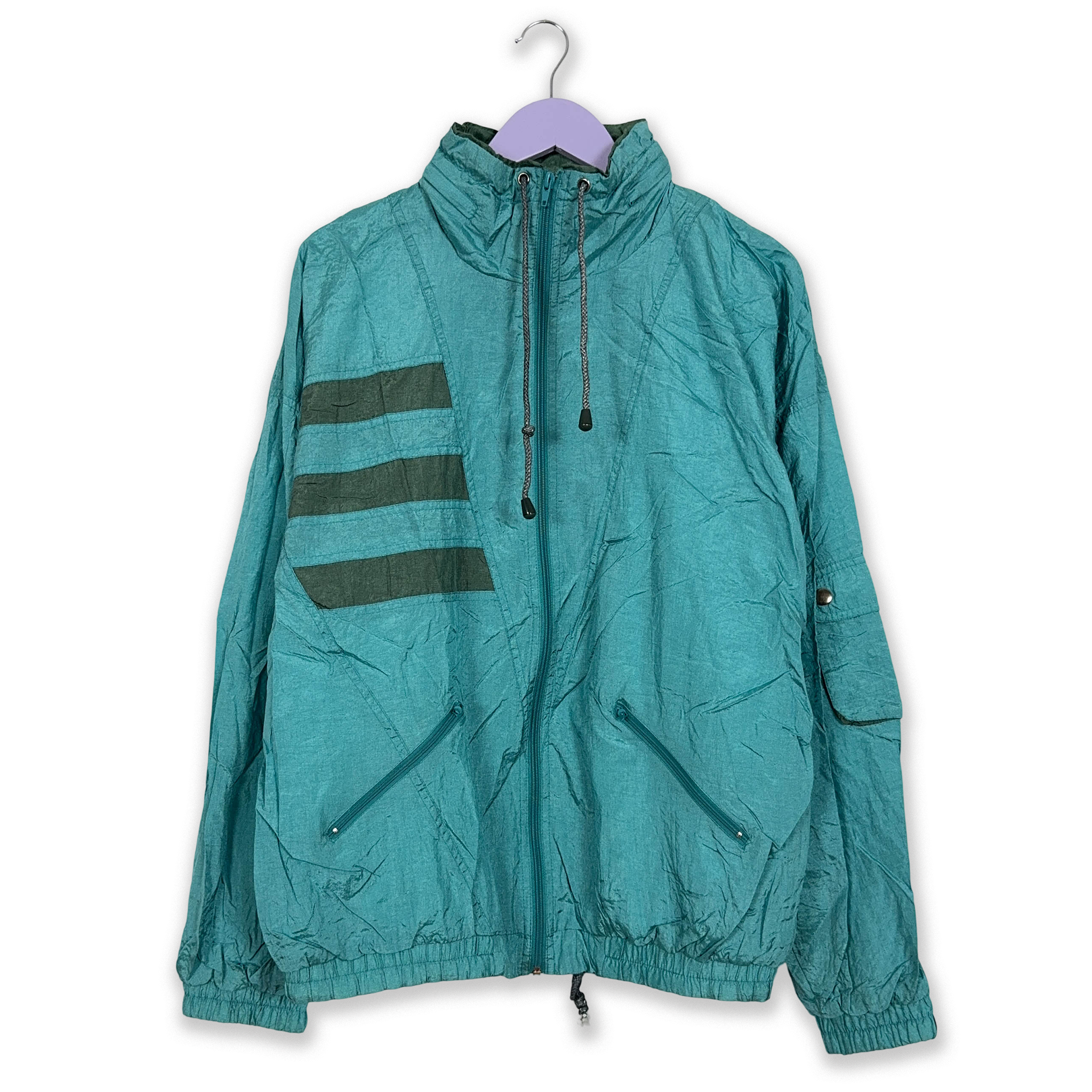 Giacca a vento Vintage azzurra con zip e cappuccio anni 90 - Taglia L uomo