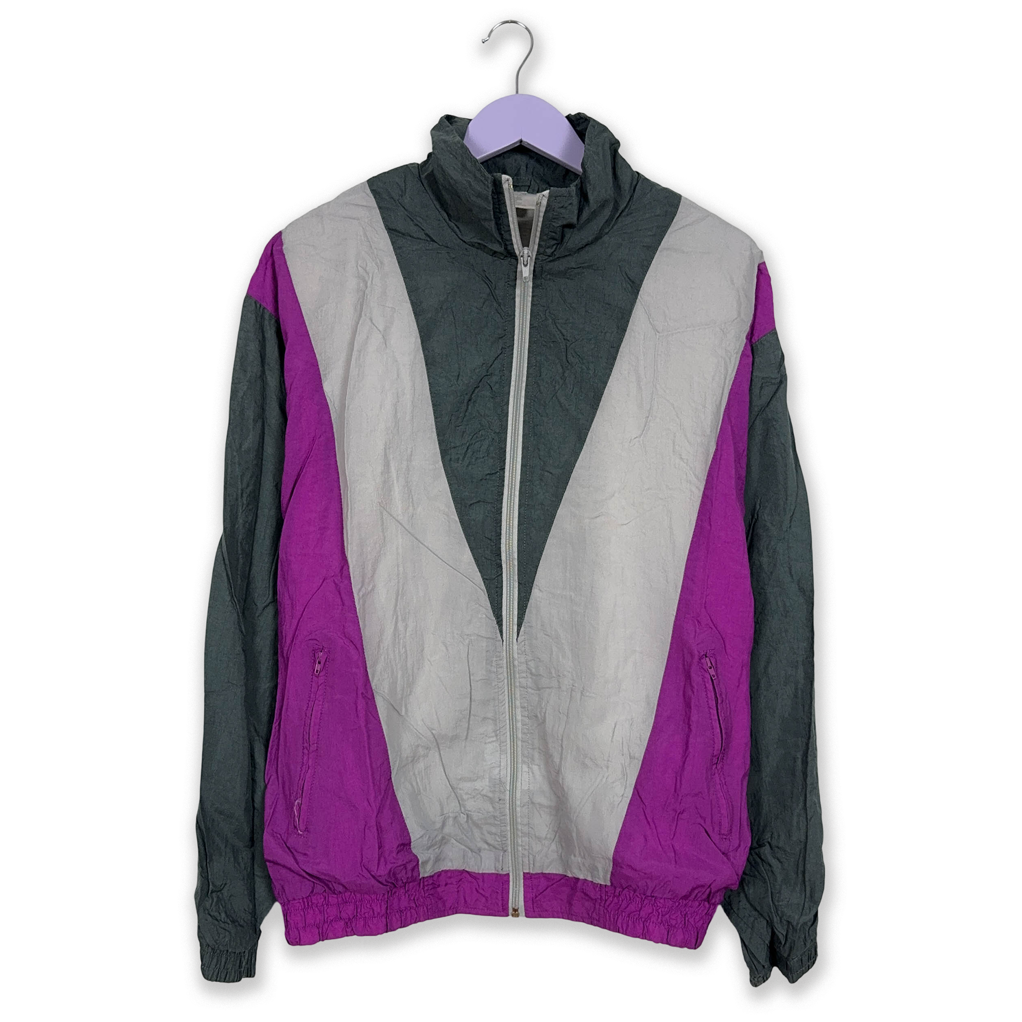 Giacca a vento Vintage viola e grigia geometrica con zip anni 80 - Taglia 7 uomo