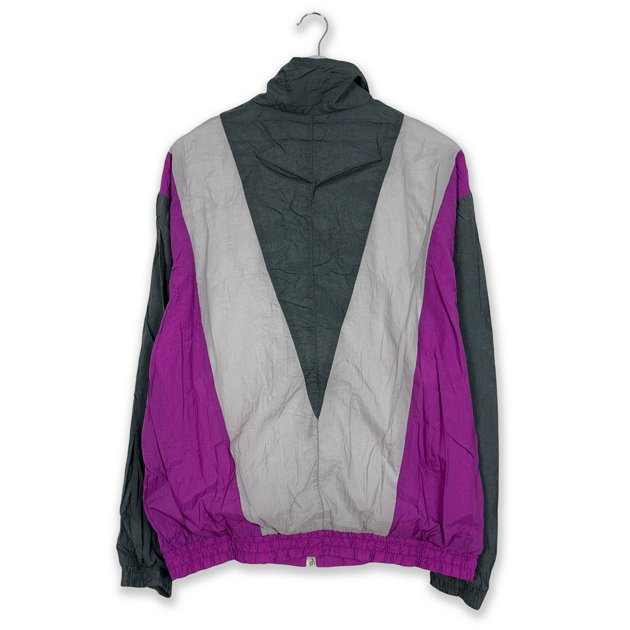 Giacca a vento Vintage viola e grigia geometrica con zip anni 80 - Taglia 7 uomo