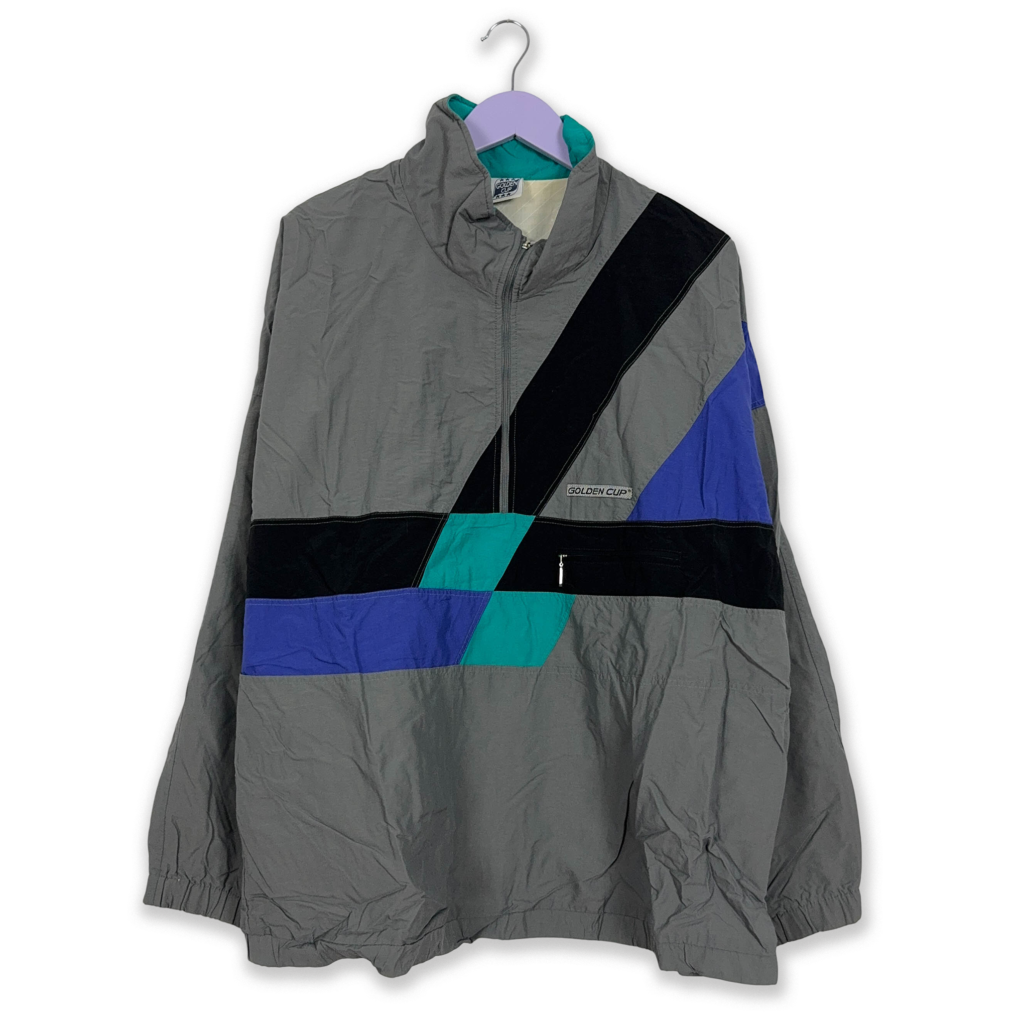 Giacca a vento Vintage grigia geometrica con zip anni 90 - Taglia XL/XXL uomo