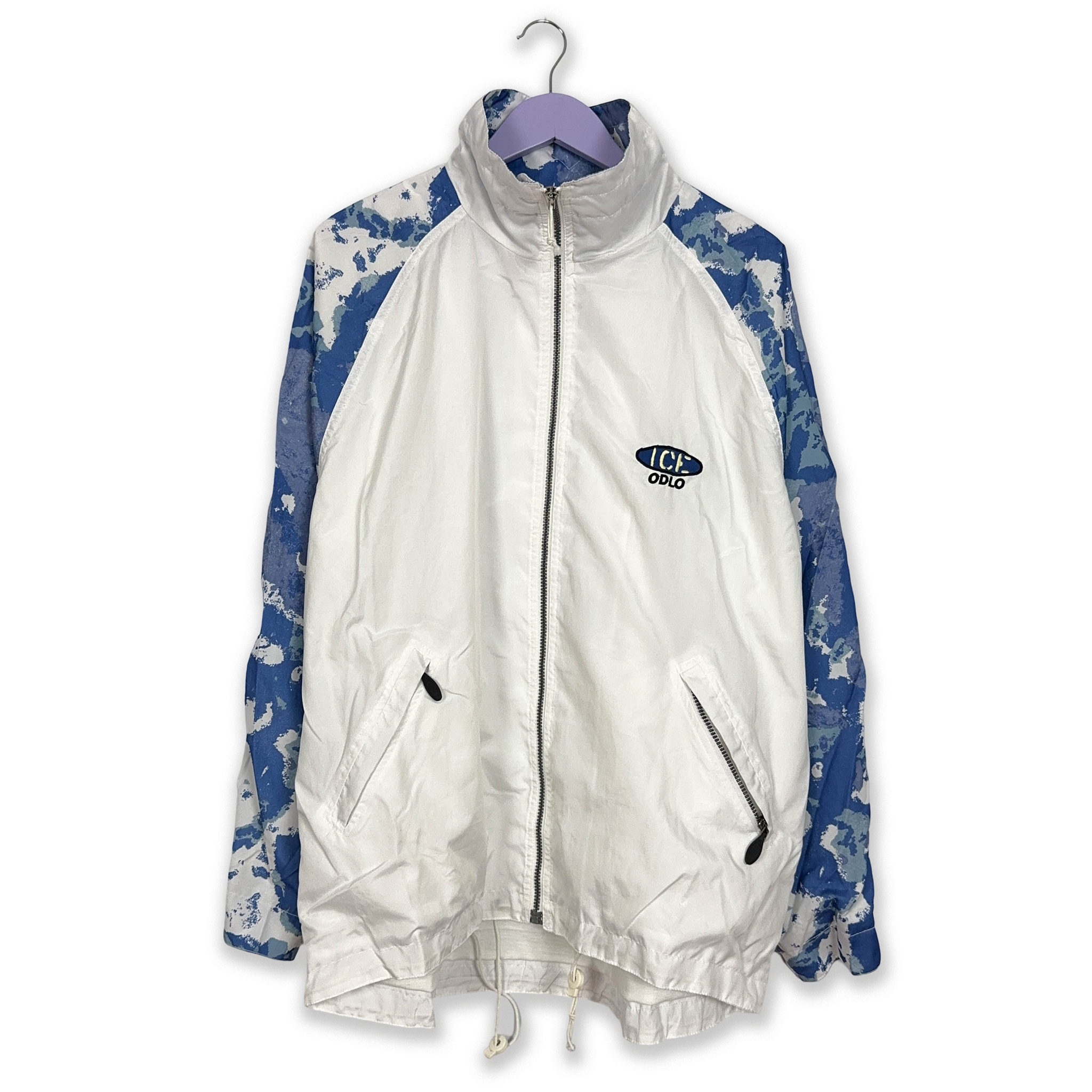 Giacca a vento Vintage bianca e blu a fantasia con zip anni 90 - Taglia XL uomo