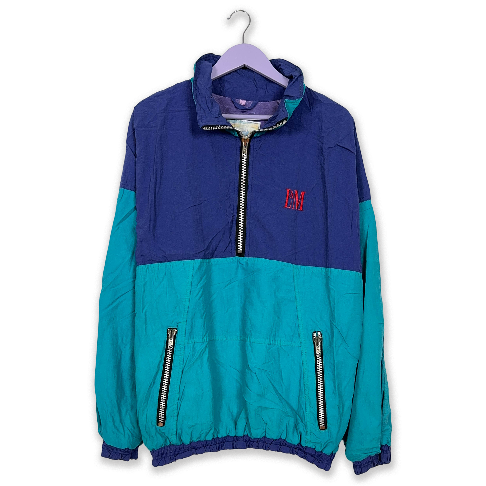 Giacca a vento Vintage blu e azzurro a mezza zip anni 90 - Taglia XL uomo