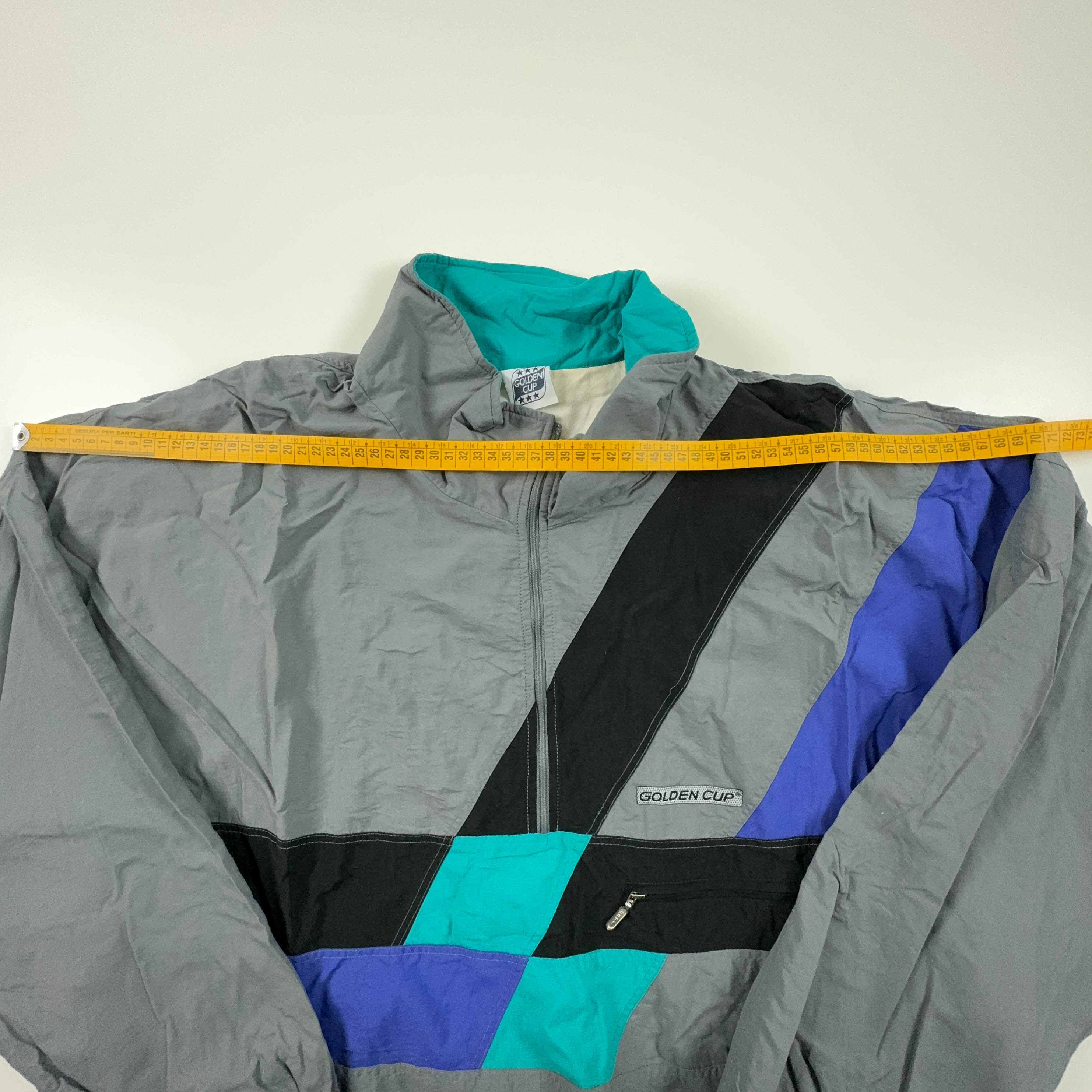Giacca a vento Vintage grigia geometrica con zip anni 90 - Taglia XL/XXL uomo