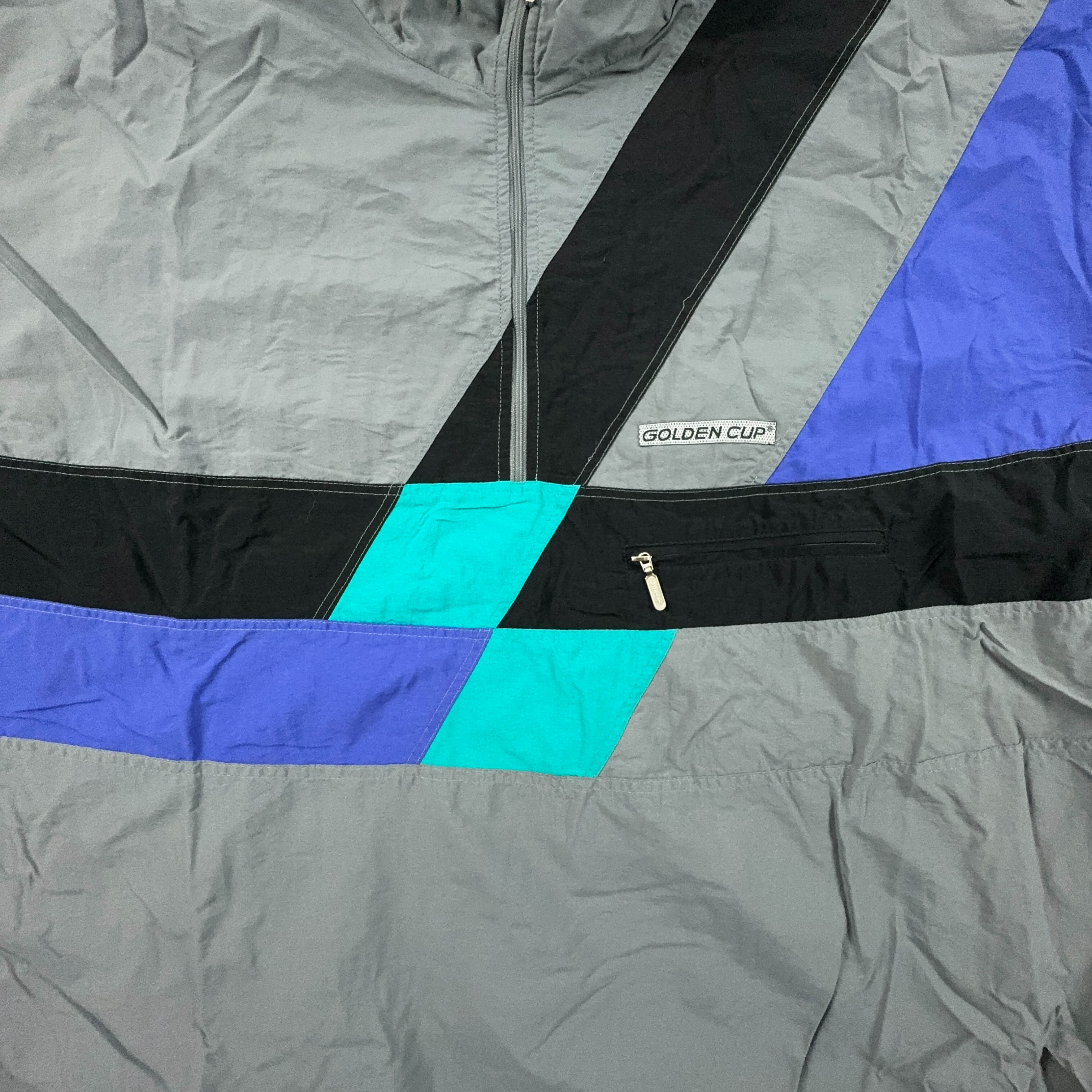 Giacca a vento Vintage grigia geometrica con zip anni 90 - Taglia XL/XXL uomo