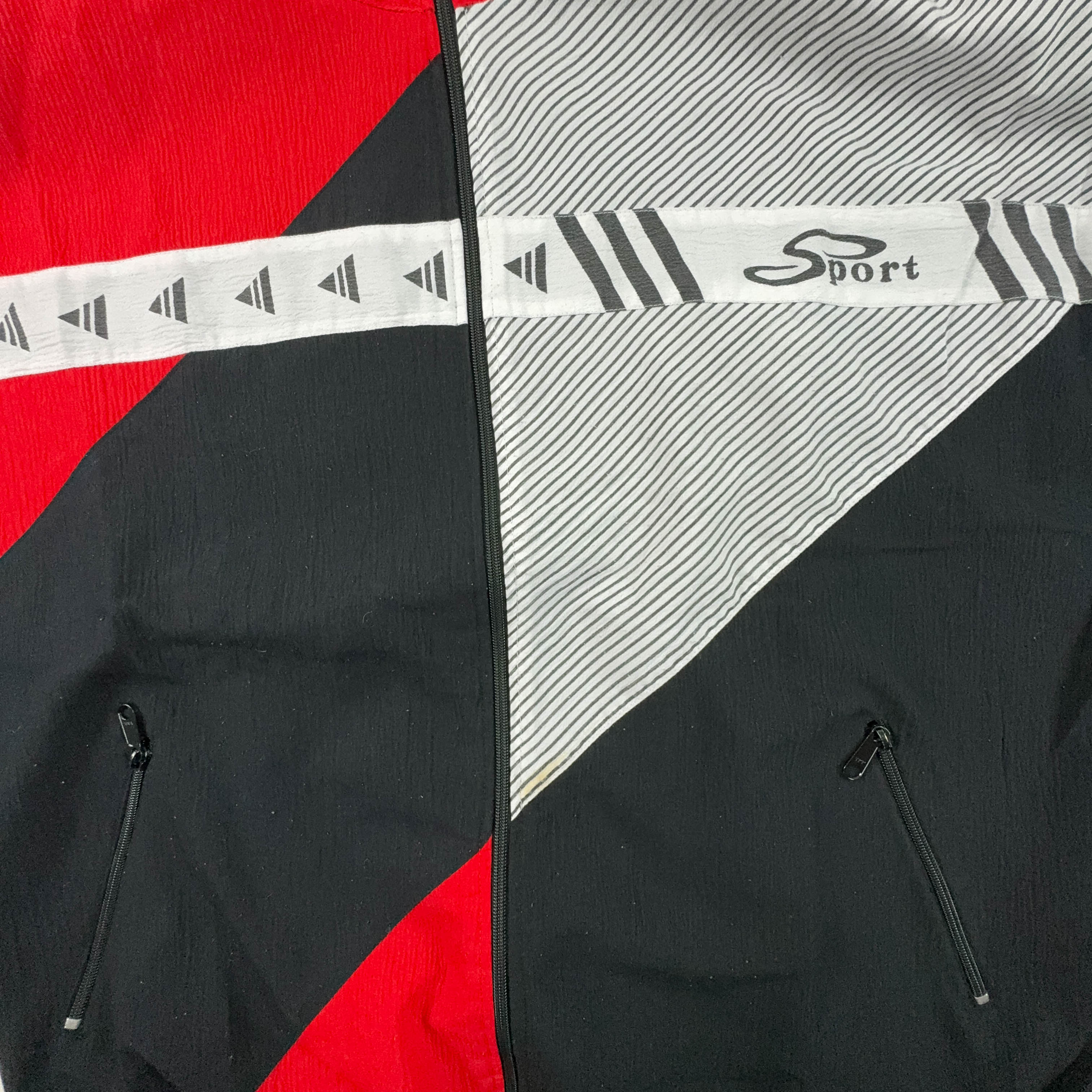 Giacca a vento Vintage nera e rossa geometrica con zip anni 90 - Taglia XL/XXL uomo