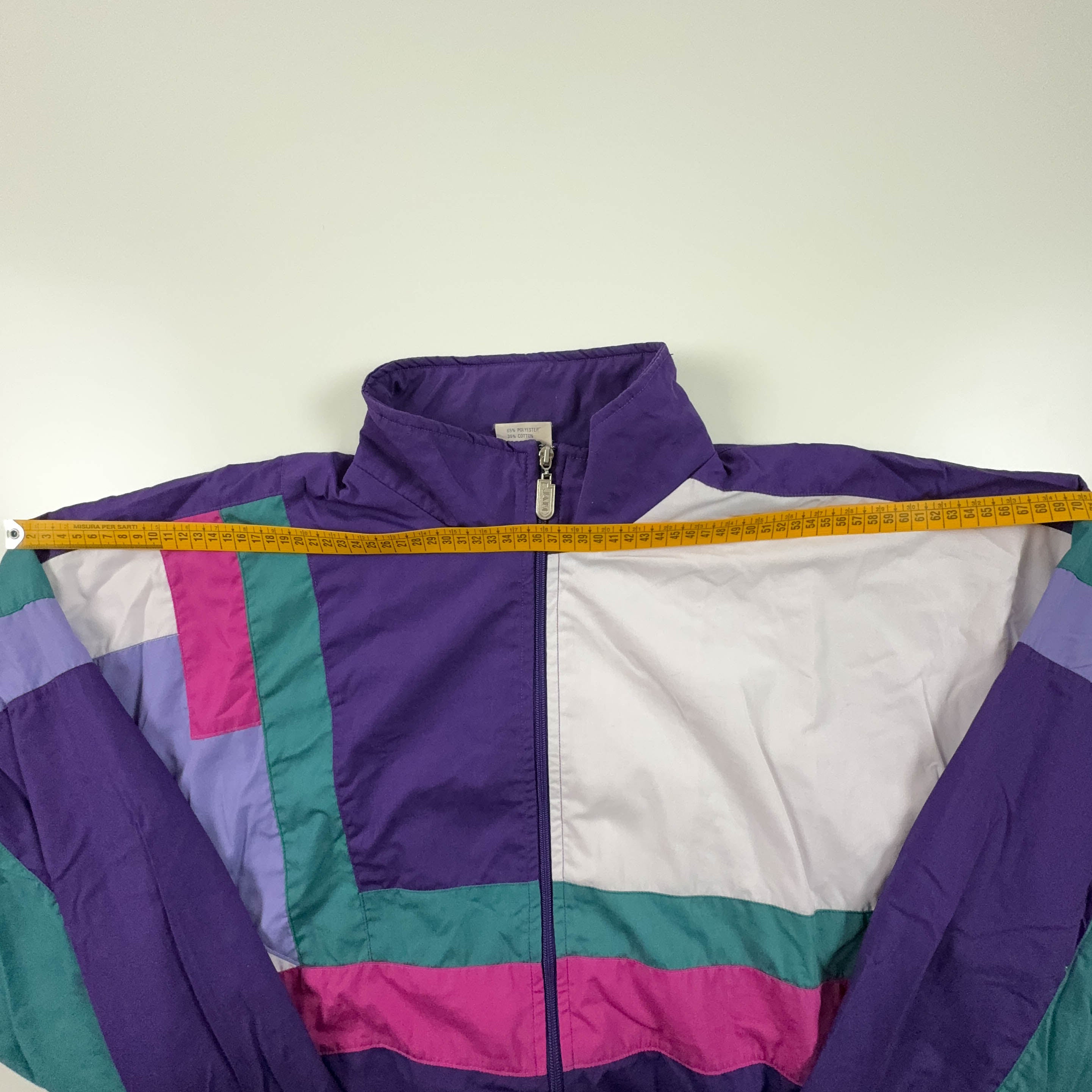 Giacca a vento Vintage viola a fantasia geometrica con zip anni 80 - Taglia XL uomo