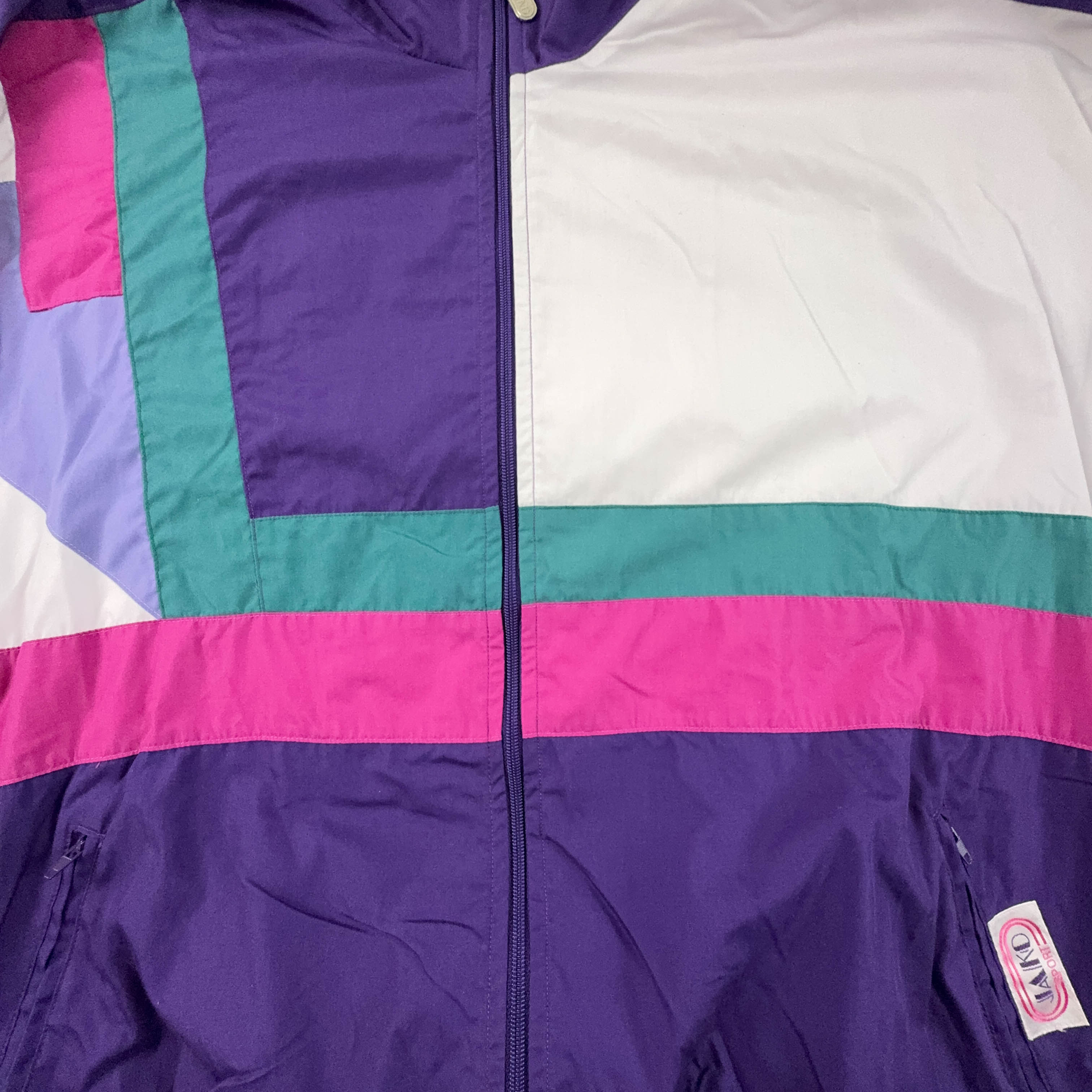 Giacca a vento Vintage viola a fantasia geometrica con zip anni 80 - Taglia XL uomo