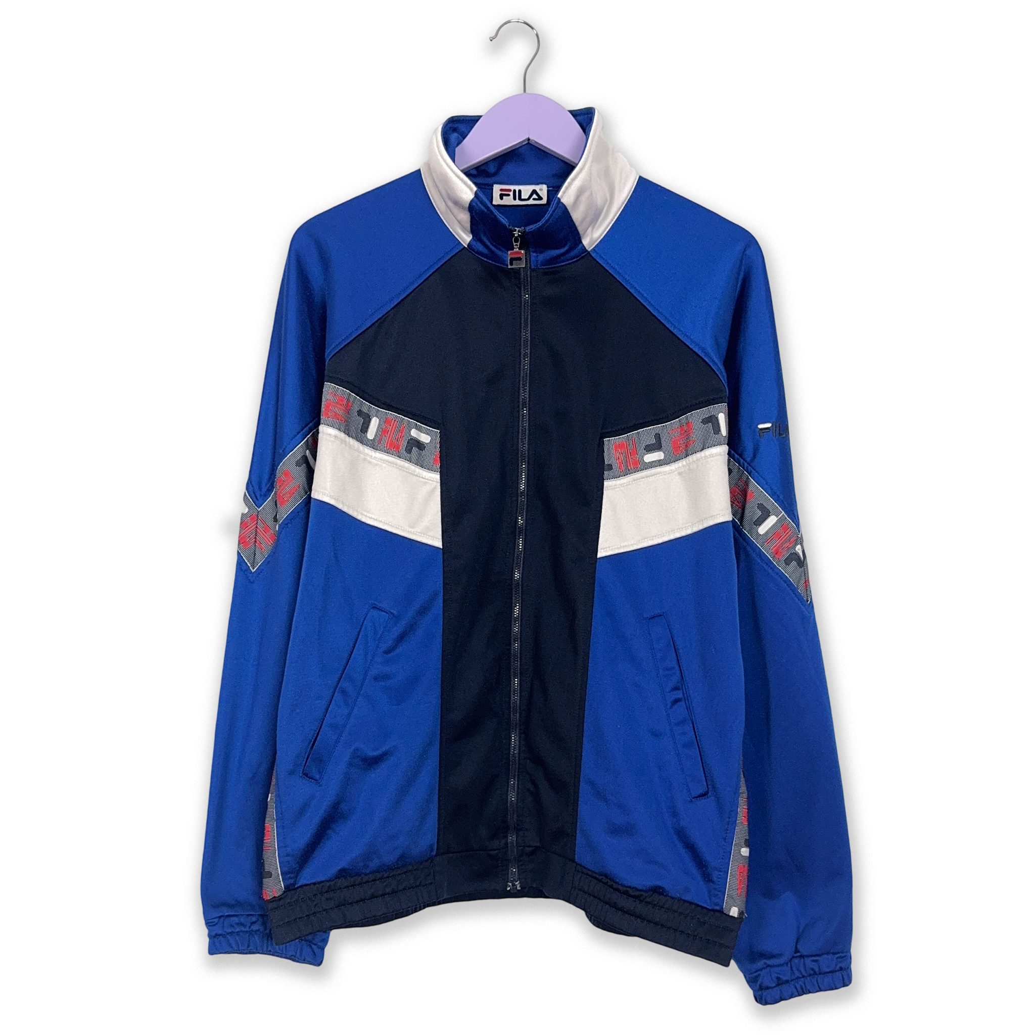 Felpa Fila Vintage blu geometrica con zip anni 90 - Taglia I50 uomo