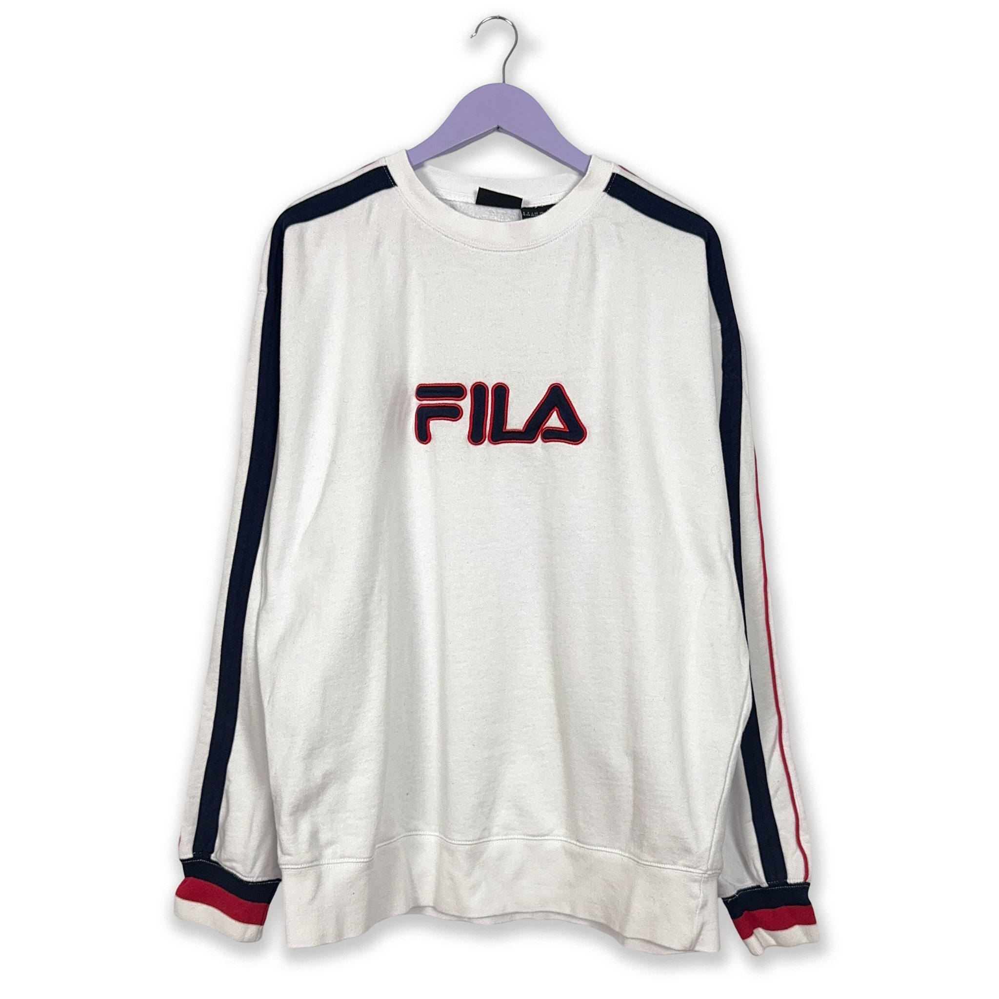 Felpa Fila Vintage bianca e blu a girocollo logo ricamato anni 2000 - Taglia 56 58 uomo