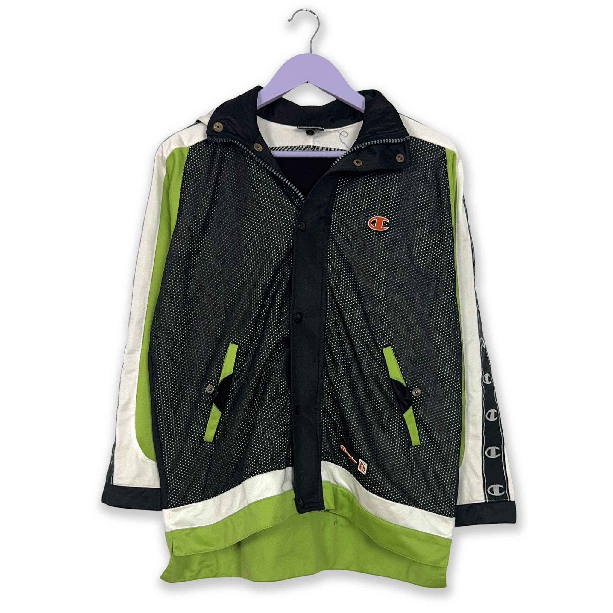 Felpa Champion Vintage nera e verde con zip e cappuccio anni 2000 - Taglia 164cm uomo