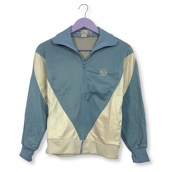 Felpa Sergio Tacchini Vintage bianca e azzurra con zip anni 80 - Taglia XS uomo