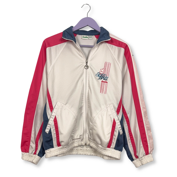 Felpa Diadora Vintage bianca e rosa con zip anni 90 - Taglia 44 uomo