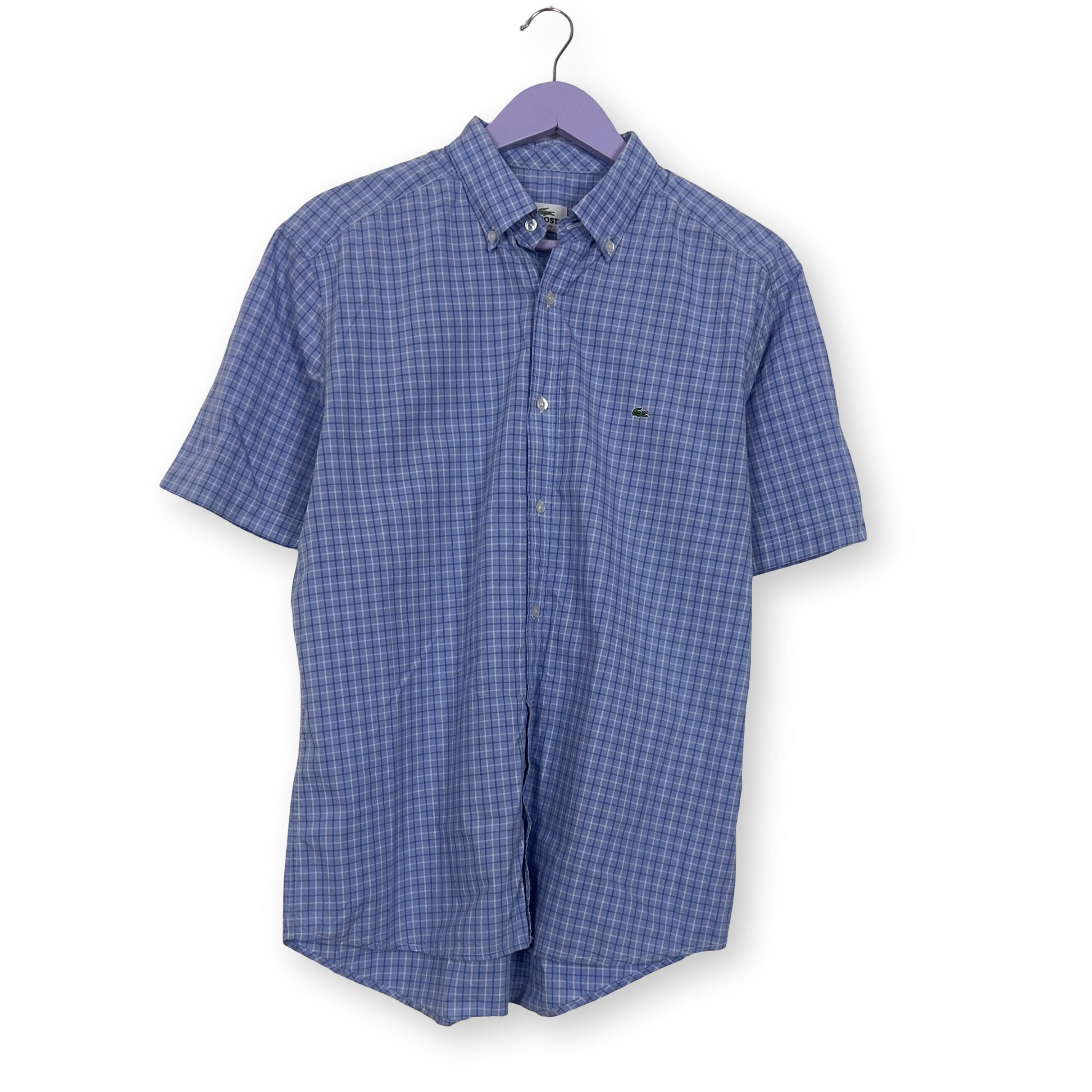 Camicia Lacoste blu e bianca a quadri in cotone manica corta slim fit - Taglia 42 uomo