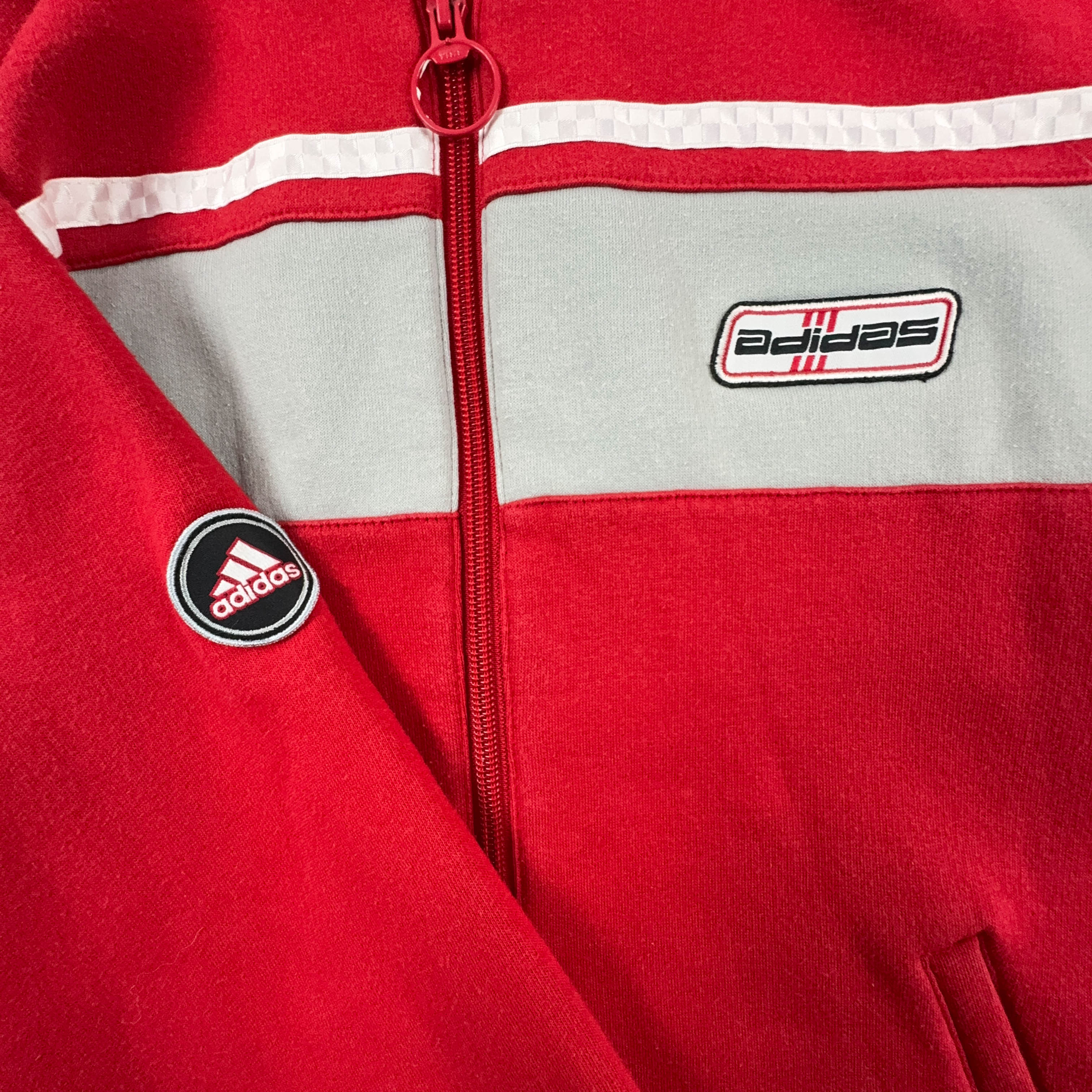 Felpa Adidas Vintage rossa e grigia con zip anni 2000 - Taglia S/M uomo