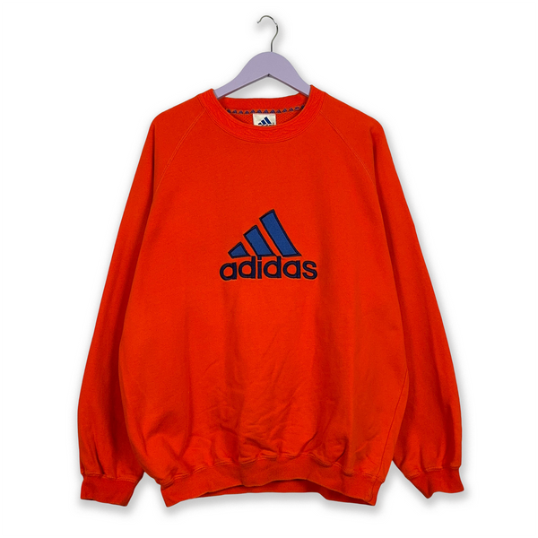 Felpa Adidas Vintage arancione a girocollo anni 90/2000 con ricamo - Taglia L/XL uomo