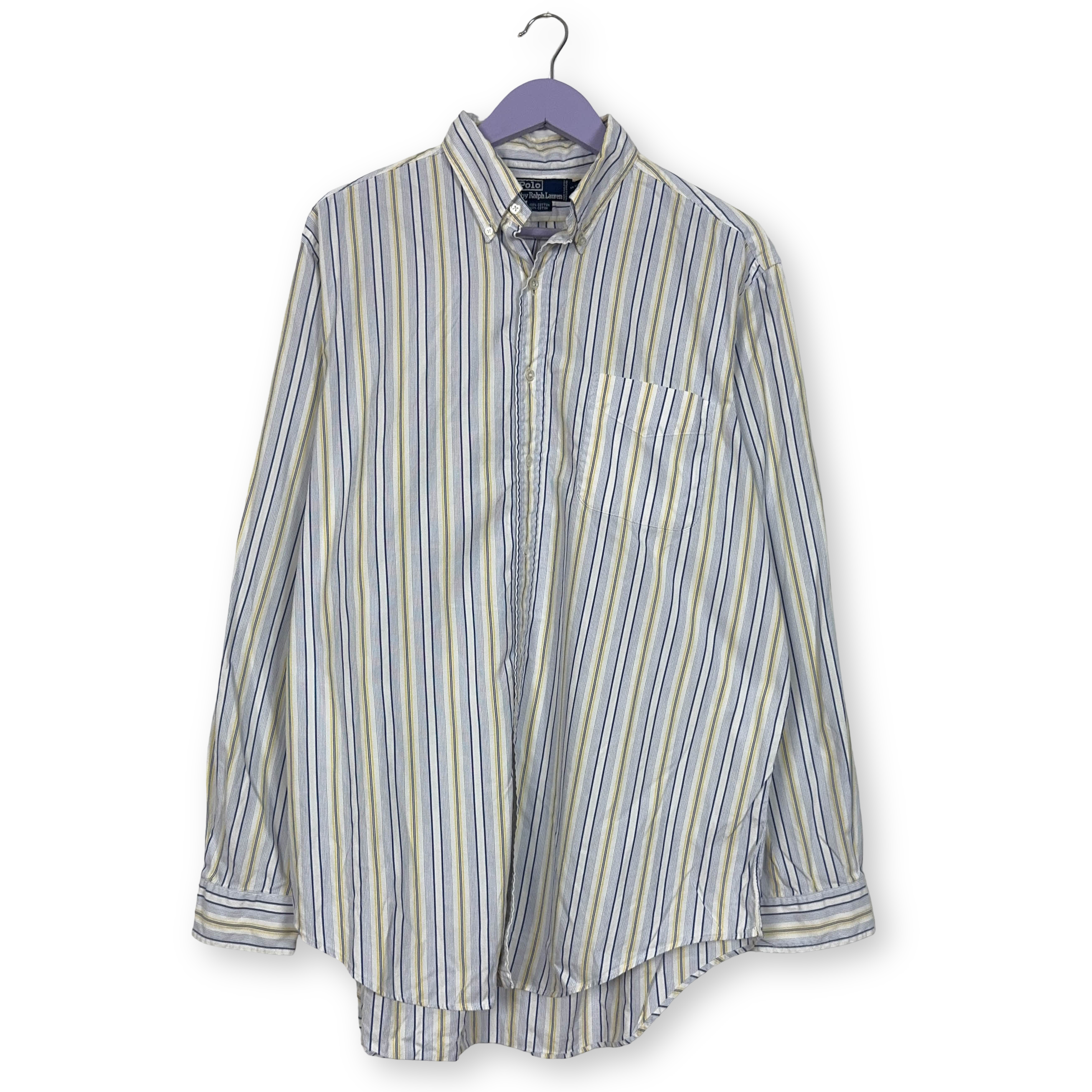Camicia Ralph Lauren Vintage bianca blu e gialla a righe manica lunga - Taglia 17 uomo