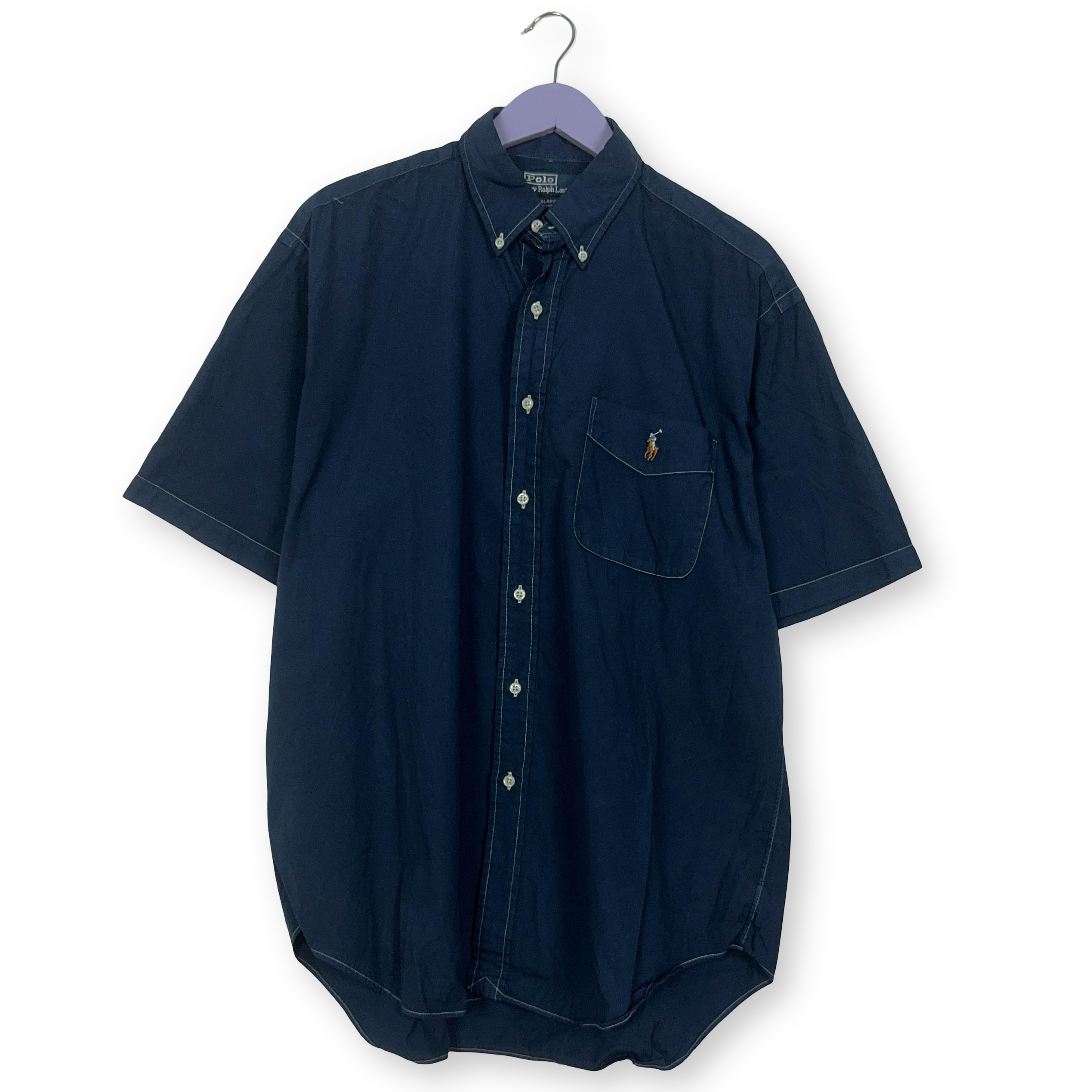 Camicia Ralph Lauren blu scura tinta unita in cotone manica corta - Taglia L/XL uomo
