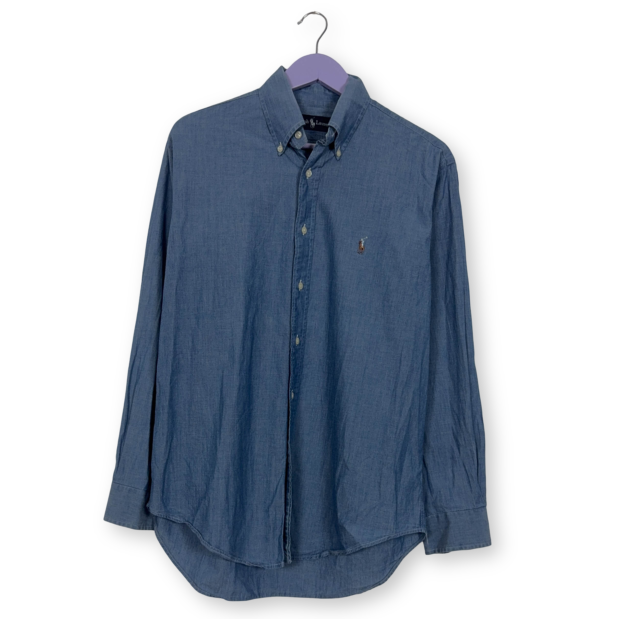 Camicia Ralph Lauren blu tinta unita in cotone manica lunga - Taglia S/M uomo