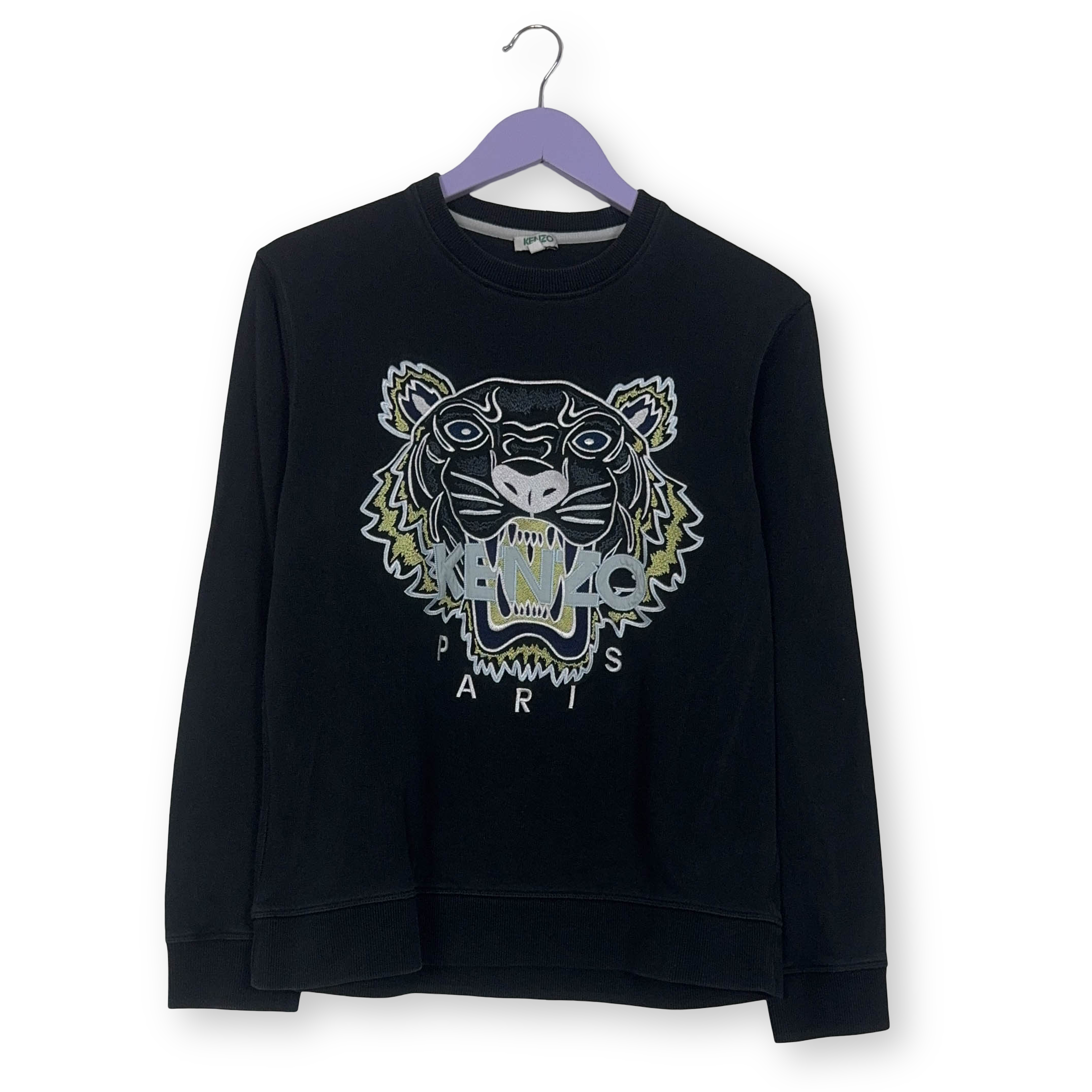 Felpa Kenzo nera a girocollo in cotone con ricamo frontale grande - Taglia S uomo