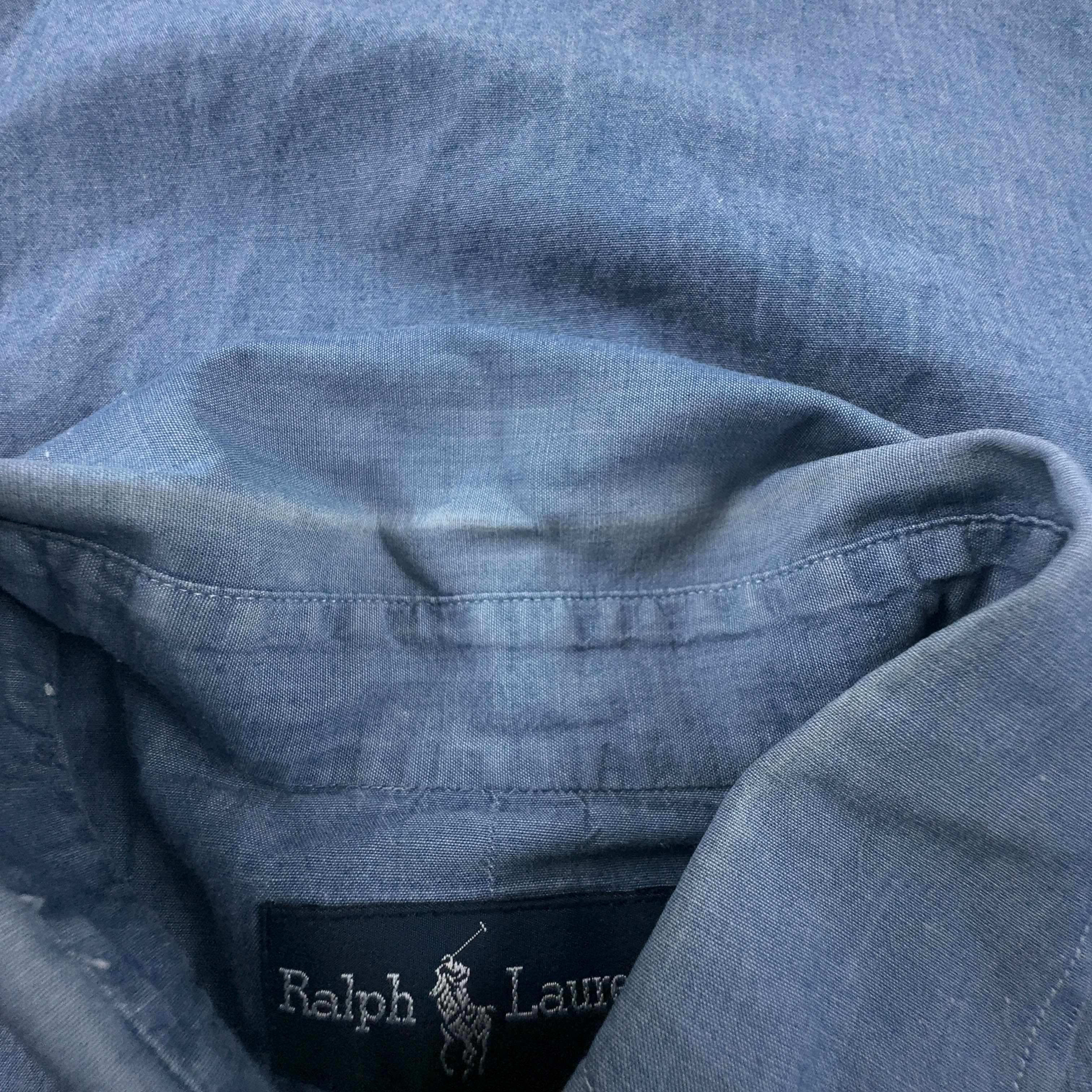Camicia Ralph Lauren blu tinta unita in cotone manica lunga - Taglia S/M uomo
