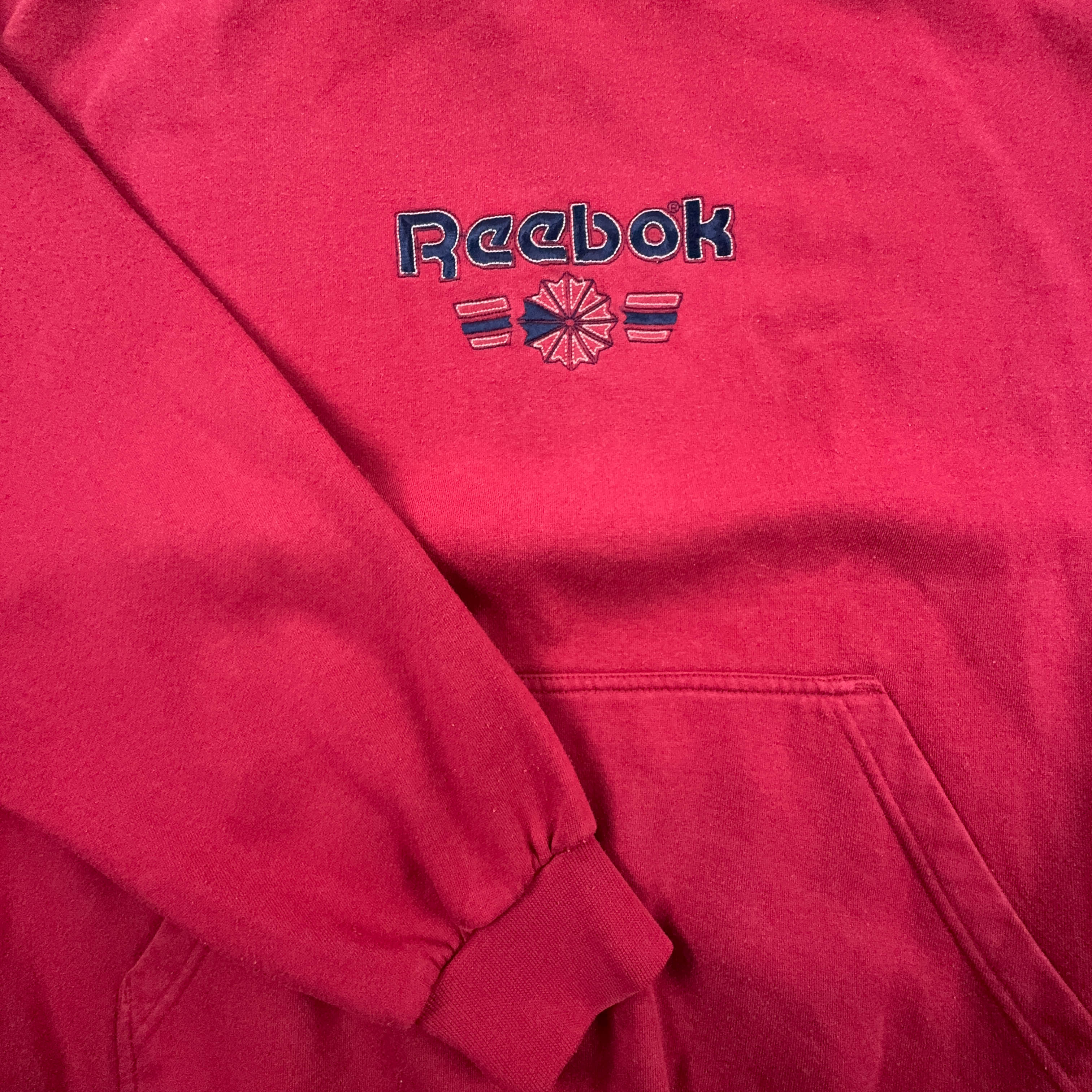Felpa Reebok Vintage rossa con cappuccio e logo ricamato anni 90 - Taglia L/XL uomo