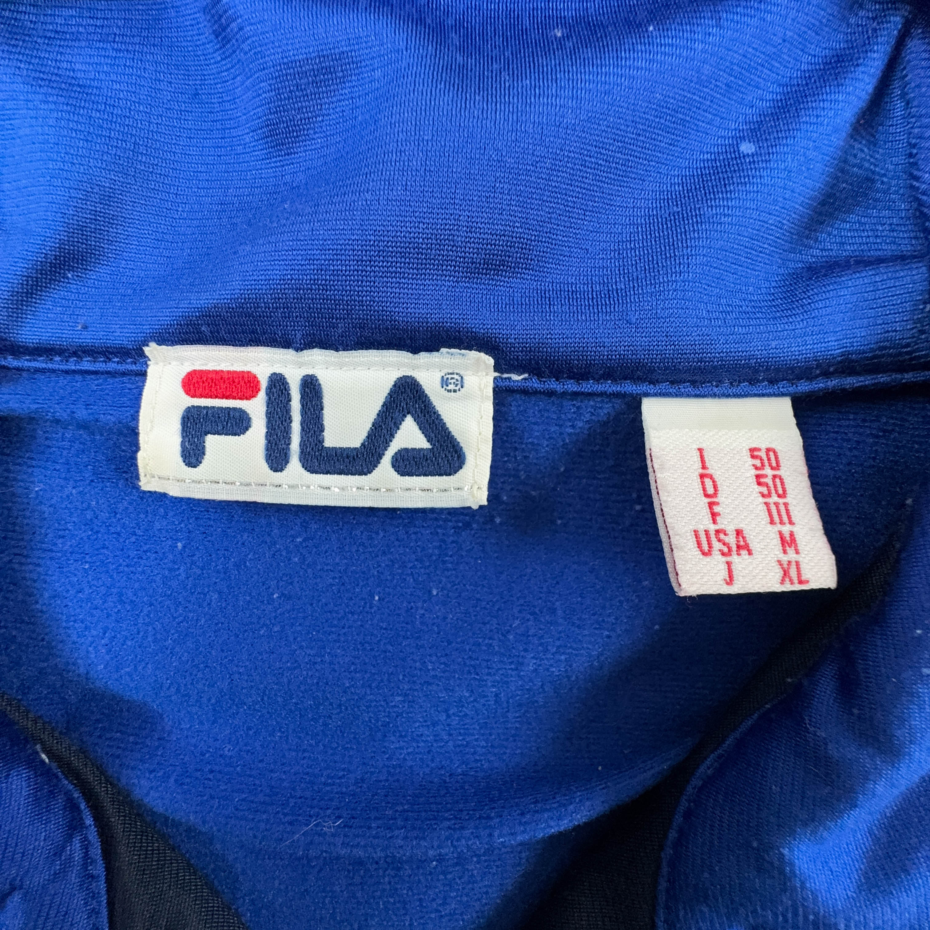 Felpa Fila Vintage blu geometrica con zip anni 90 - Taglia I50 uomo