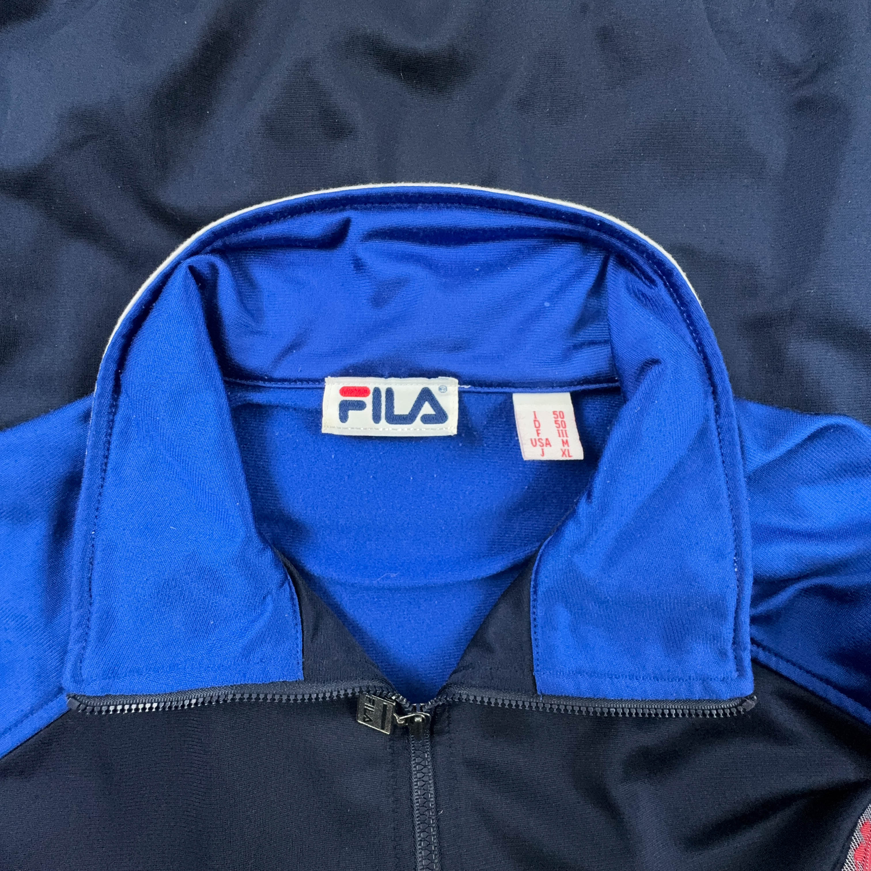 Felpa Fila Vintage blu geometrica con zip anni 90 - Taglia I50 uomo