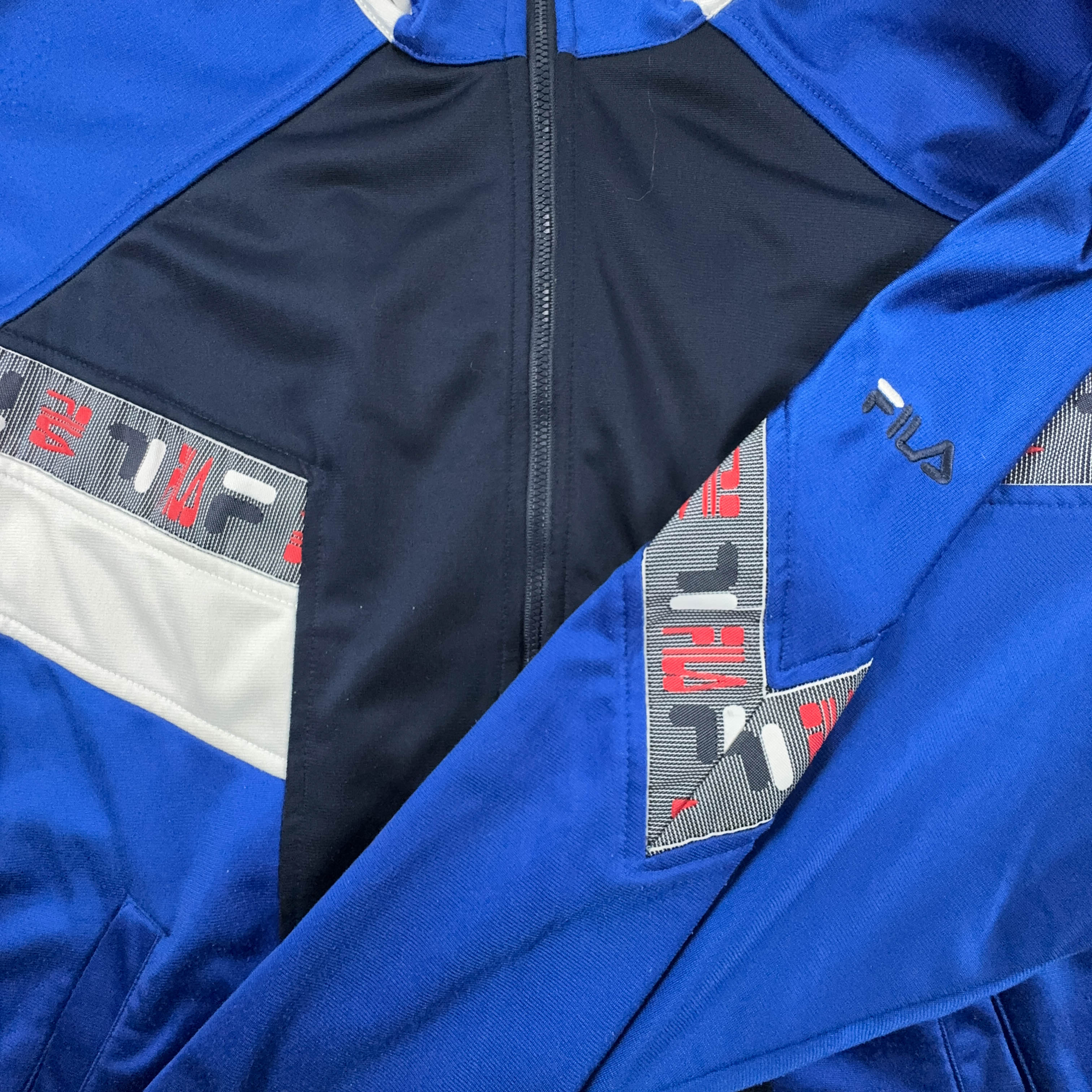 Felpa Fila Vintage blu geometrica con zip anni 90 - Taglia I50 uomo